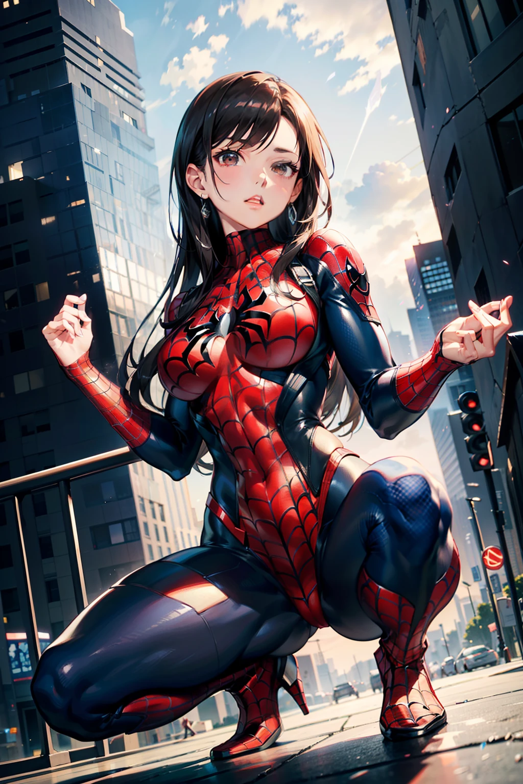 masterpiece, best quality, 8k, highres, 1girl, buildings, night, moon, seductive, spider costume,