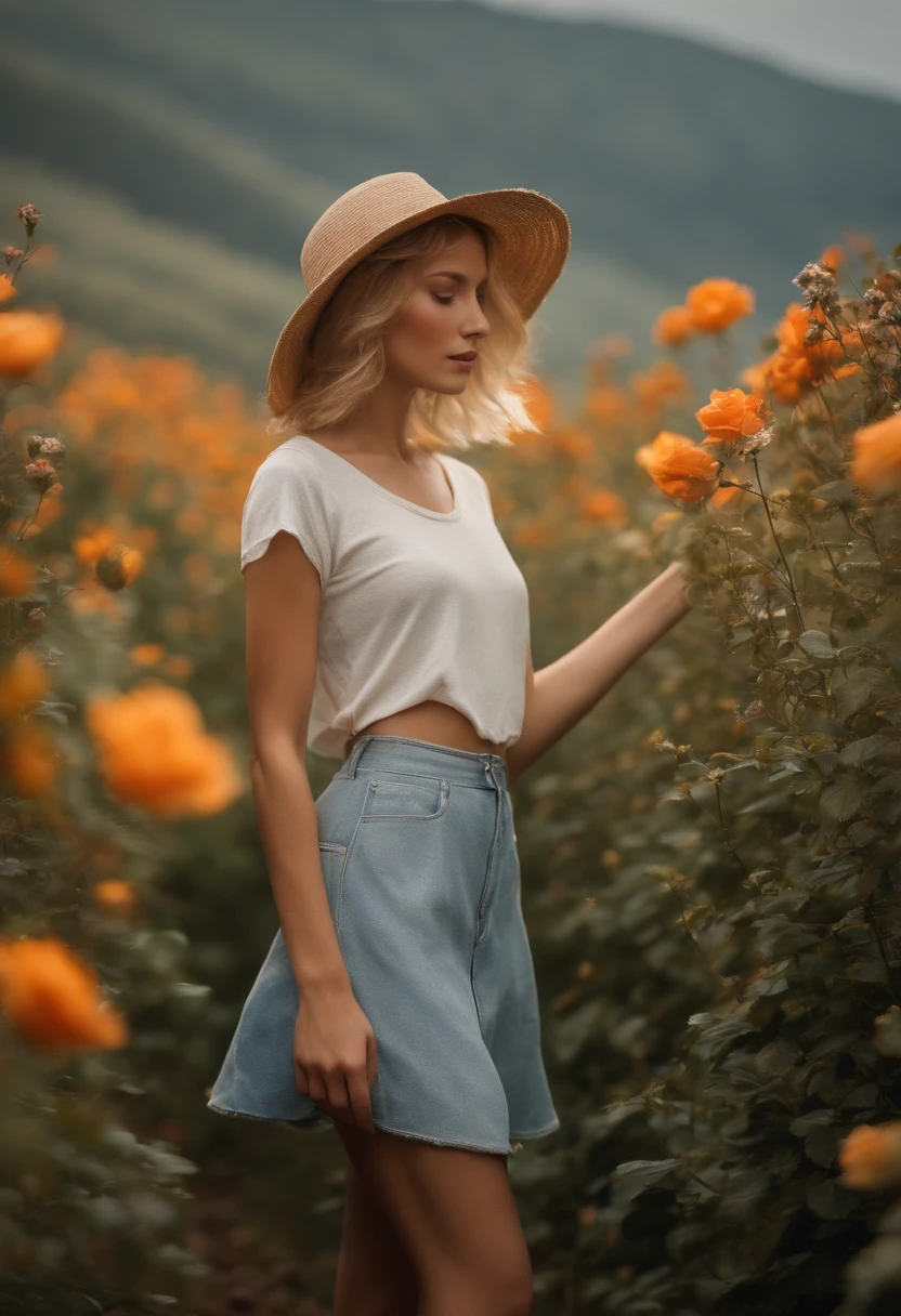 Gentle beautiful slim girl with short blonde hair with soft cheekbones with (Freckles) In the light (Small) light hat in light loose t-shirt in [blue denim] the skirt is worth (bare footed) among the flowers in the wild overgrown garden and bending down sniffs (roses), (in profile), Flowers and herbs are everywhere, (((There is only one girl in the image))), warm, soft, light, restrained shades;, (in the sun's glare)
