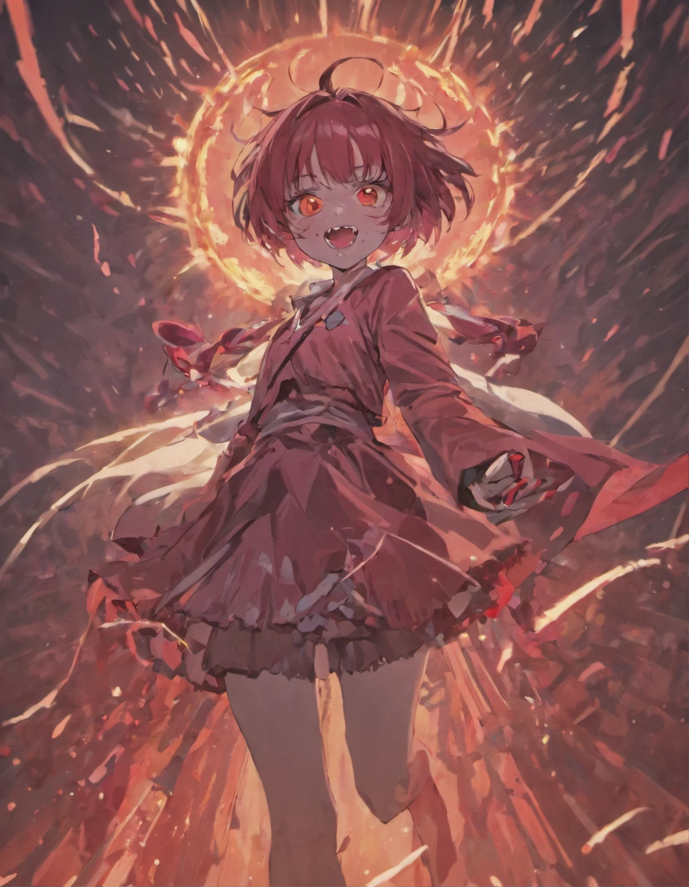 anime character with bloody teeth and a knife in his hand, gapmoe yandere grimdark, albedo from the anime overlord, ahegao, yandere intricate, gapmoe yandere, drooling teeth bared, anime monster girl, digital art from danganronpa, yandere, vore art, horror!! highly detailed, horrifying creature
