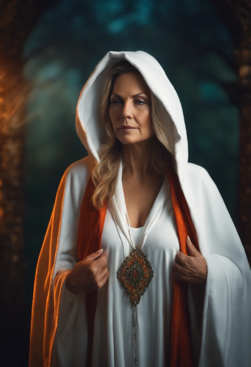 Middle-aged spiritual woman with white hooded robe standing