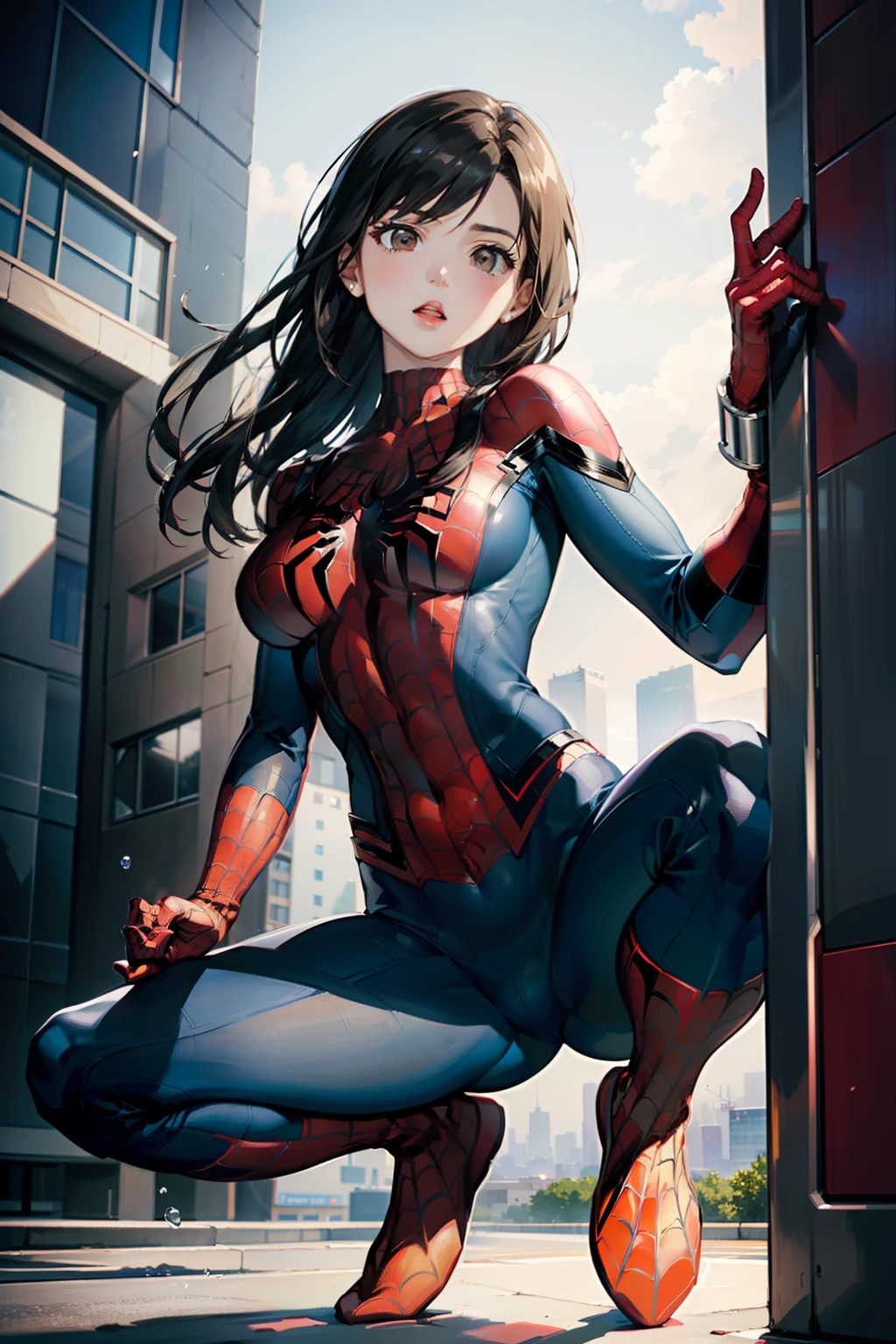 NSFW、High legsuits(masutepiece, Best Quality), Intricate details, 8K, art  stations, Wallpaper, Official art, Splash Art, Sharp Focus, 1girl in, Tifa Lockhart, Long hair, dark brown eyes, Black hair, Big breasts, Skins don't appear, Skintight Spiderman Suit, She is dressed in white, Red, Spider-Man's suit with black theme、crouching down、itting open legs、(cameltoe)、highleg、Raw thighs、The cutting edge of Tokyo Skytree in the afternoon