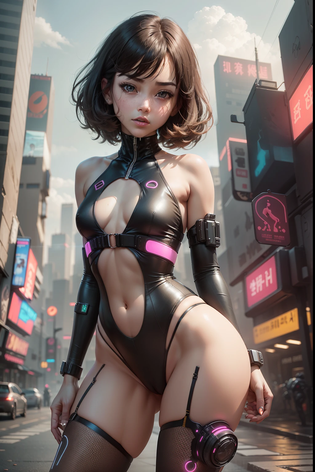 (8K, Raw photo, Best Quality, masutepiece: 1.45), Beautiful delicate face, body type, ((3/4)), Spread, Thin fabric(Carbon Fiber High Leg Cut Leotard), pale skin, {{messy short}}, (Smaller chest、 Same as:1.45), Bangs, Charming curves, Small pelvis, ((Standing)), A city scape, Glowing skin, ((Spread legs), Camel toe, Cameltoe, hard shape, vulvashaped:1.25), (Cyberpunk, scientific fiction:1.25), (Upper body:1.15),