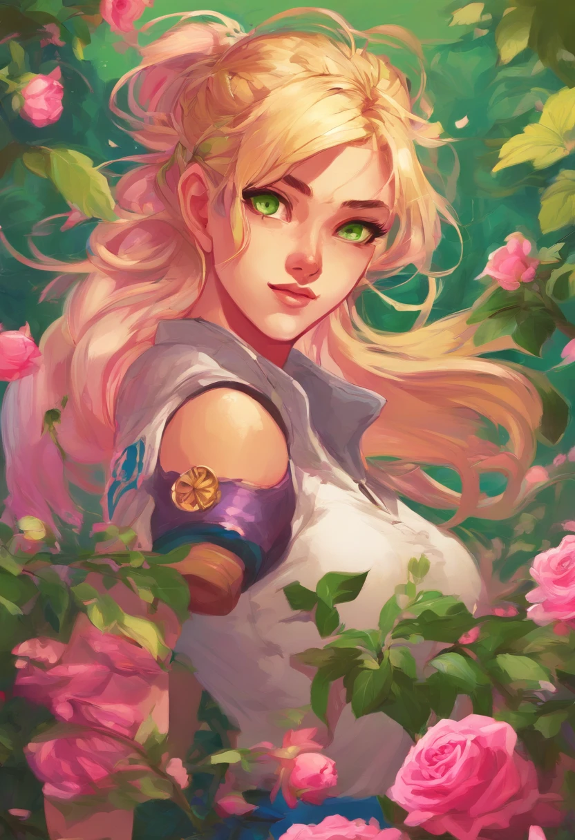a girl in a garden,illustration,detailed flowers,green grass,beautiful detailed eyes,pink roses,flowing hair,athletic body,blonde hair,HDR,vibrant colors,soft lighting.
