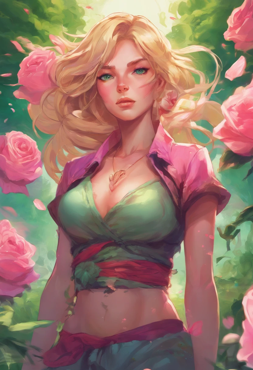 a girl in a garden,illustration,detailed flowers,green grass,beautiful detailed eyes,pink roses,flowing hair,athletic body,blonde hair,HDR,vibrant colors,soft lighting.