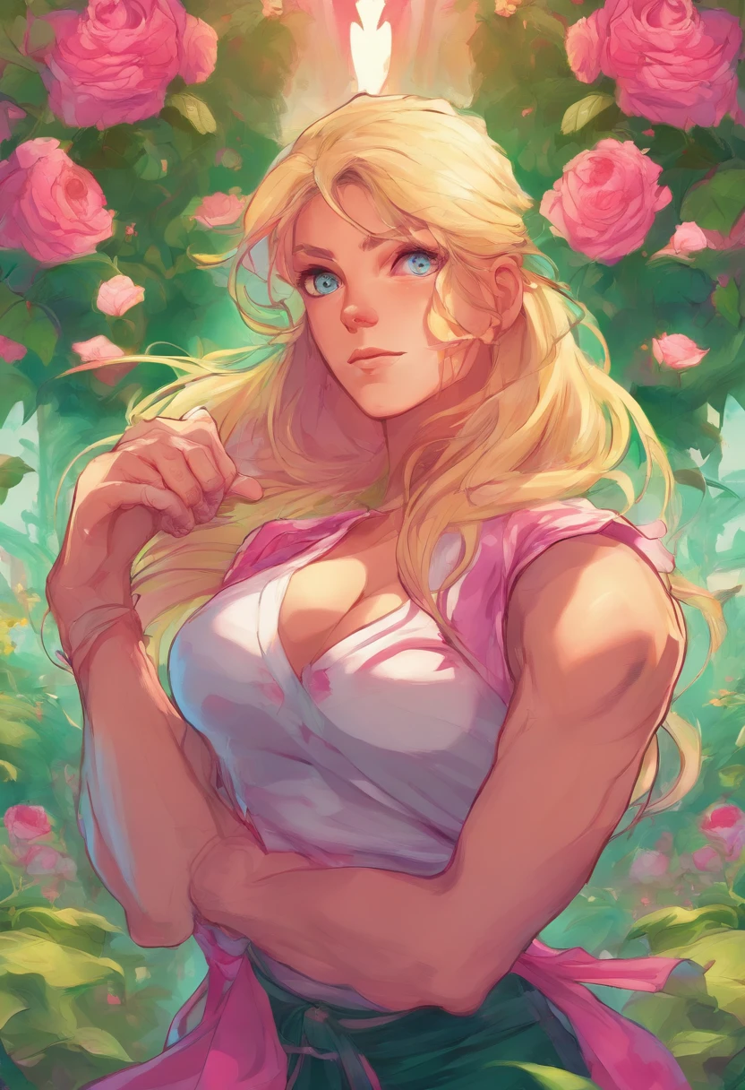 a girl in a garden,illustration,detailed flowers,green grass,beautiful detailed eyes,pink roses,flowing hair,athletic body,blonde hair,HDR,vibrant colors,soft lighting.