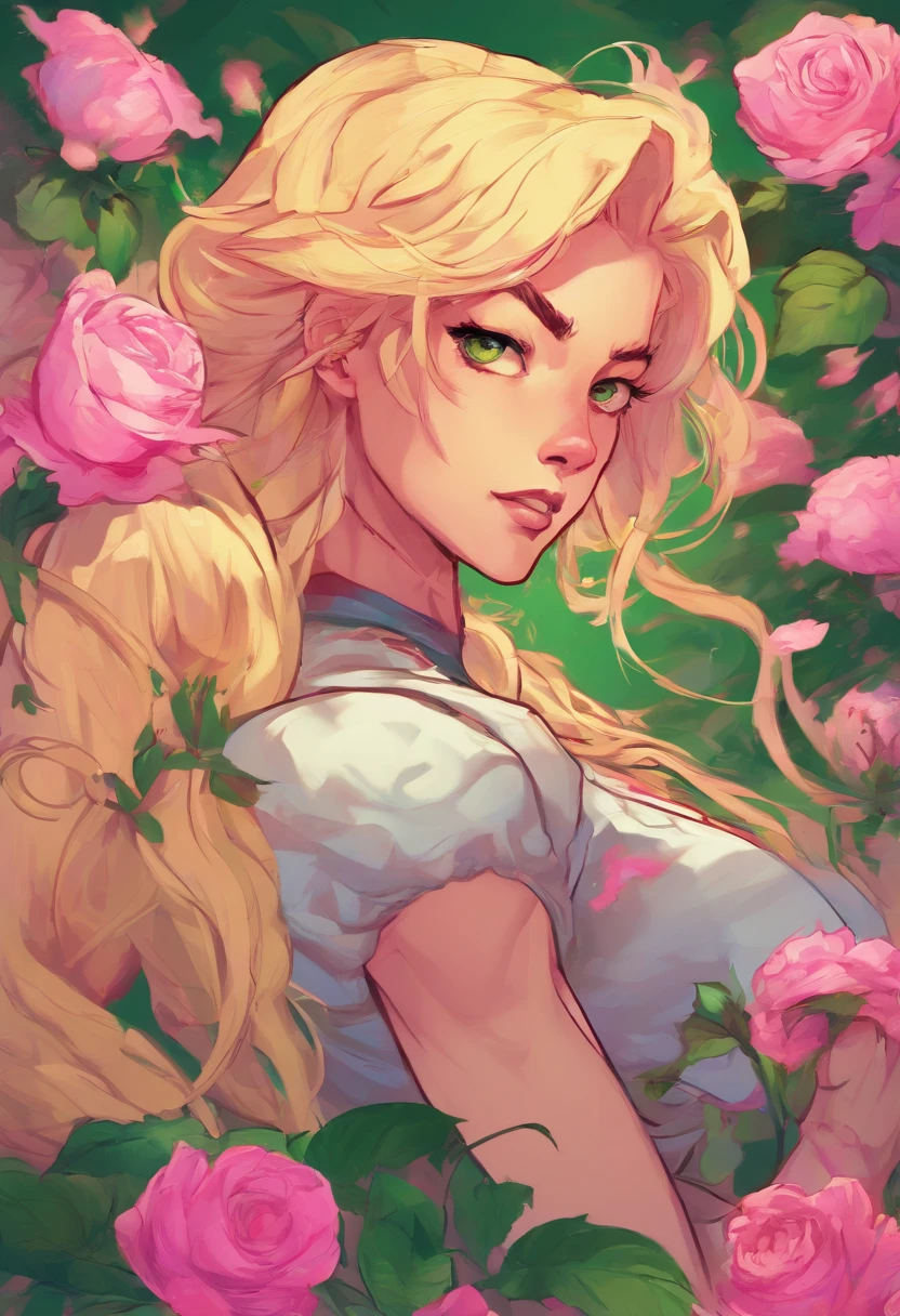 a girl in a garden,illustration,detailed flowers,green grass,beautiful detailed eyes,pink roses,flowing hair,athletic body,blonde hair,HDR,vibrant colors,soft lighting.