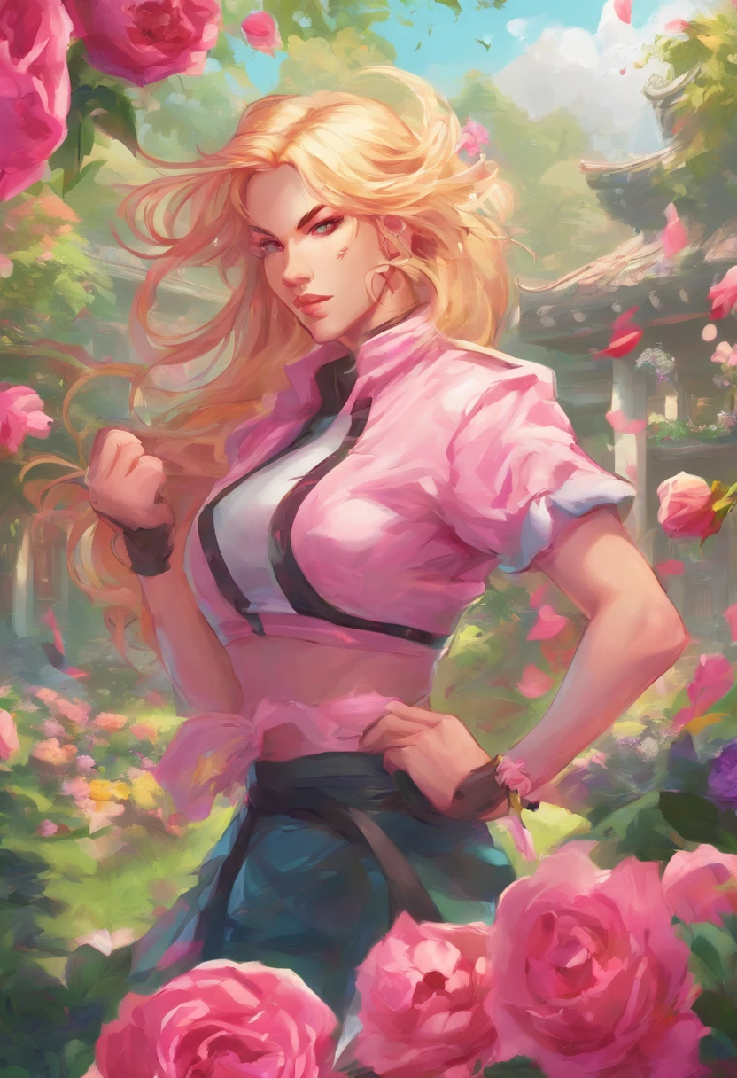 a girl in a garden,illustration,detailed flowers,green grass,beautiful detailed eyes,pink roses,flowing hair,athletic body,blonde hair,HDR,vibrant colors,soft lighting.