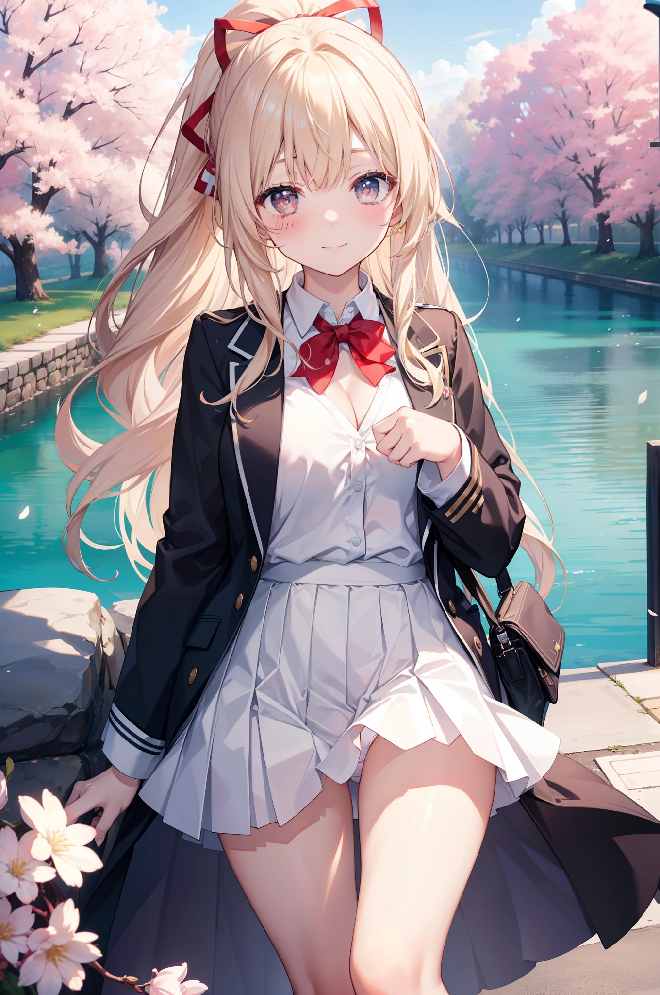 masterpiece, top-quality, Official art, (Highly detailed CG Unity 8K wallpapers), 细致背景, (Guido Daniel's Hand: 1.1), foot out of frame, One-person viewpoint, 1, Attractive and perfect beautiful woman, hi-school girl、nffsw、Schoolgirl Uniform、springtime、cherry trees、blows wind、(((Flipping skirt、I can see the white panties)))、(Curvaceous), ( white thighhig: 1.12)、(Blonde long-haired:1.12)、(Ahoge:1.13)、(High Ponytail:1.12)、(verd s eyes:1.13)、Look at the viewer、maior、(cleavage of the breast)、Beautiful expression、(red blush:1.11)、(A smile:1.11)