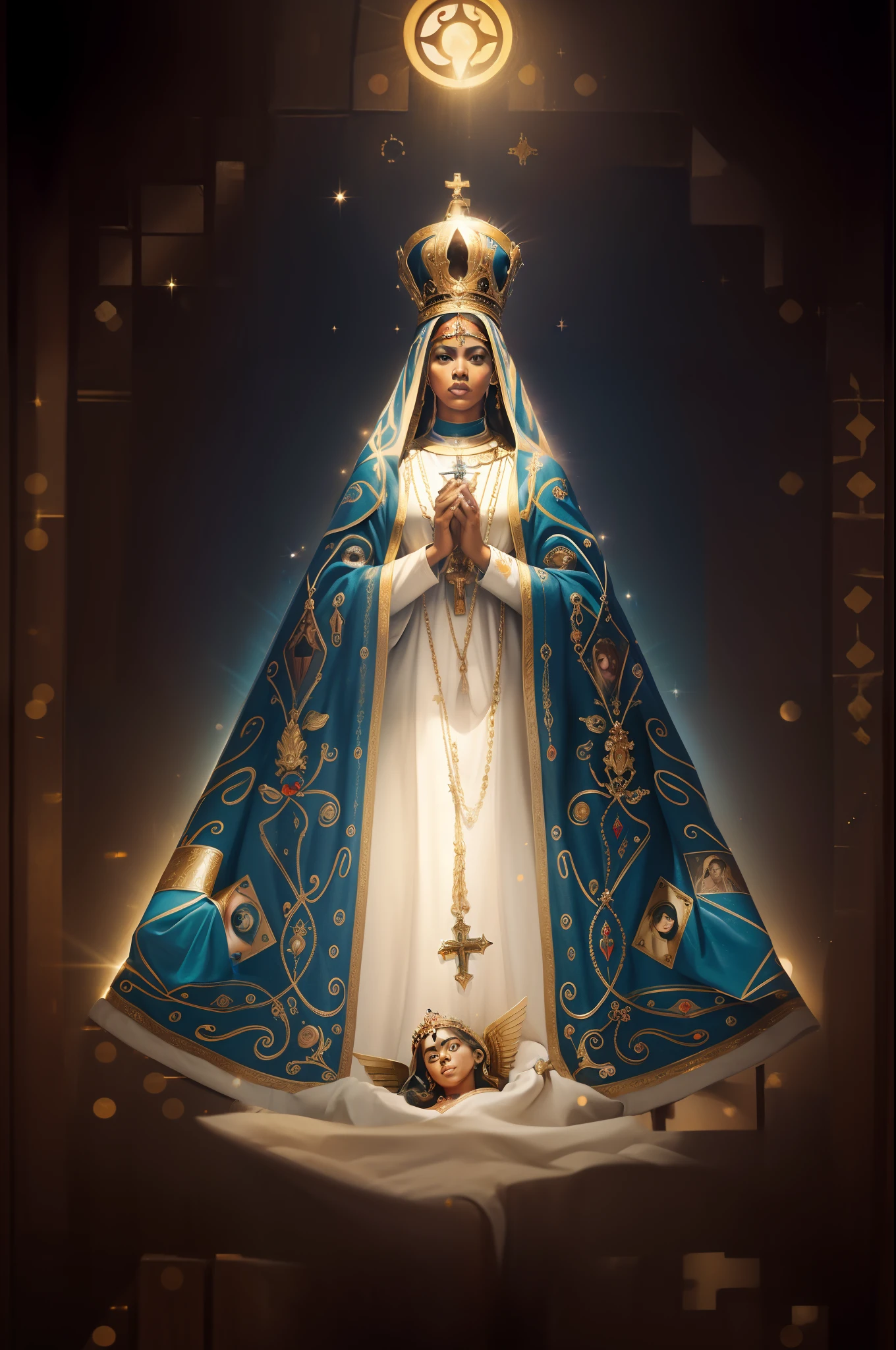 Uma pintura da Virgem de Guadalupe, queen of heaven, padroeiro do 🛸🌈👩🏾, jayson tatum as mother mary, majestosa mulher de santo, Virgem Maria, catholic icon, Catholic, santa mulher, Holy, imagem do avatar, Directed by: Derek Zabrocki, roman catholic icon, Iconografia religiosa, beyonce as the pope, Directed by: Nikita Veprikov, religión
