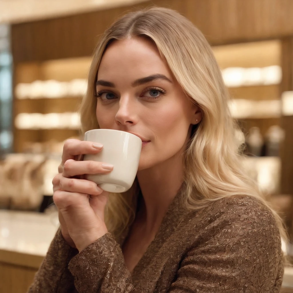 Margot robbie drinking coffee in a luxury shopping mall