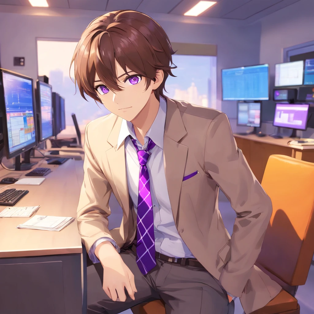 virtual_youtuber, 1boy, male_focus, solo, brown_hair, necktie, purple_eyes, simple_background, brown_footwear, full_body, straight-on, looking_at_viewer, pants, white collared shirt, hair_between_eyes, (VERY DETAILED EYES:1.5)