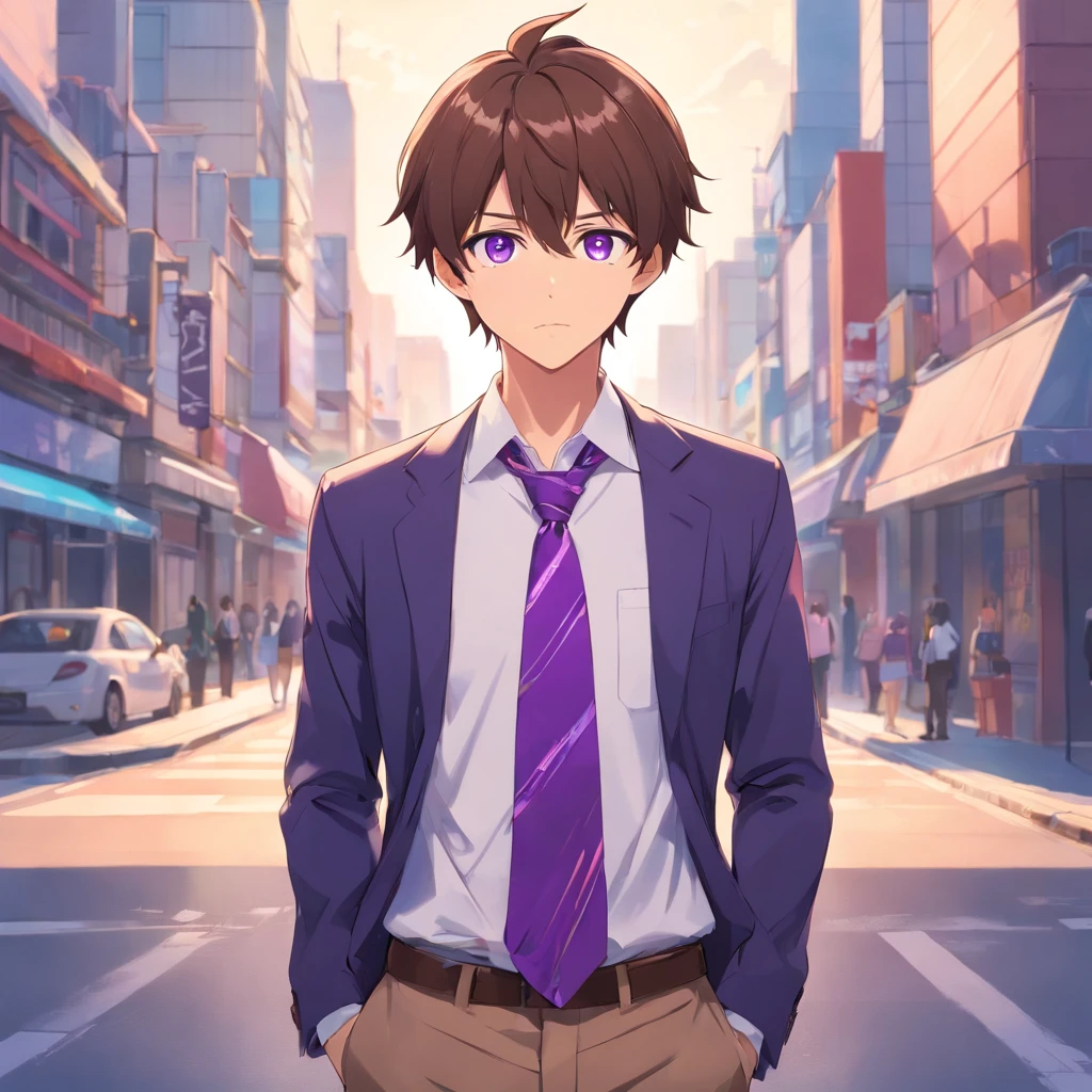 virtual_youtuber, 1boy, male_focus, solo, brown_hair, necktie, purple_eyes, simple_background, brown_footwear, full_body, straight-on, looking_at_viewer, pants, white collared shirt, hair_between_eyes, (VERY DETAILED EYES:1.5)