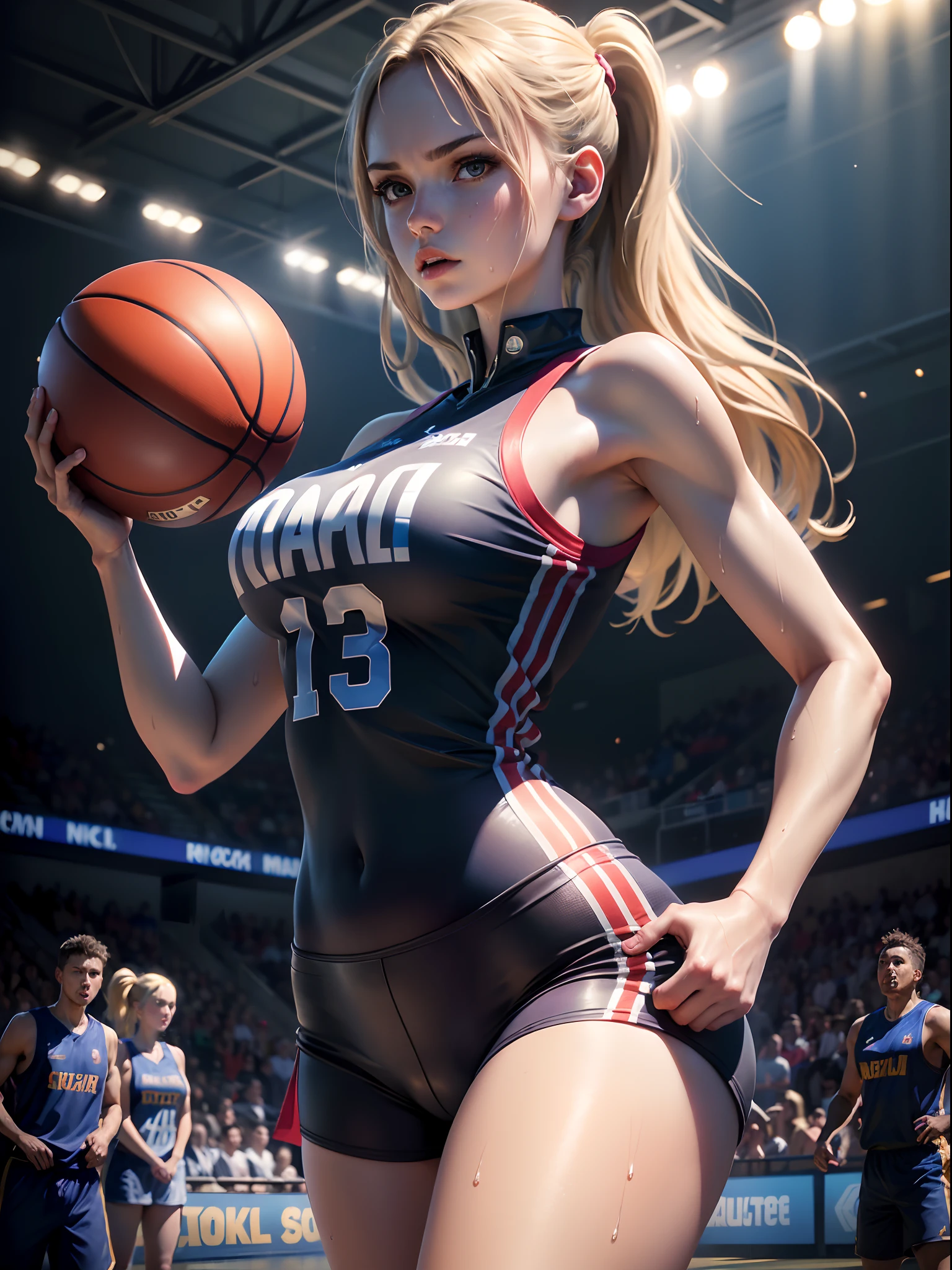 (8K, Raw photo, Best Quality, masutepiece:1.2), (Realistic, Photorealsitic:1.37),1 girl,Beautiful,Powerful, (Solo),A detailed face, Dramatic Angle,
Shoot the ball,Basketball Uniform ,Sports, Look away,Sporty,Wet skin,Sweat,Large breasts,nice legs,basketball Venues