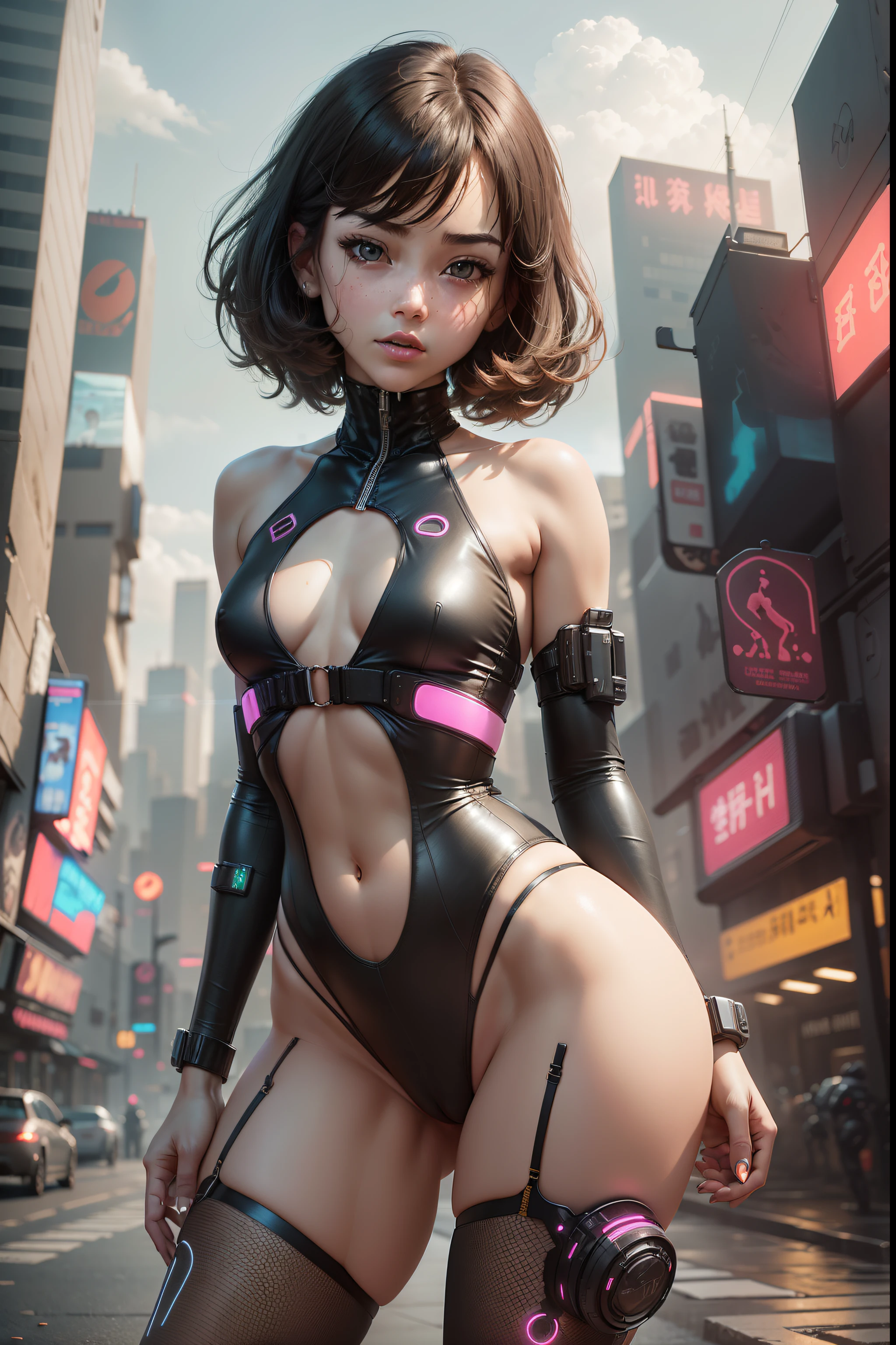 (8K, Raw photo, Best Quality, masutepiece: 1.45), Beautiful delicate face, Infant body type, ((3/4)), Spread, Thin fabric(Carbon Fiber High Leg Cut Leotard), pale skin, {{messy short}}, (Smaller chest、 Same as:1.45), Bangs, Charming curves, Small pelvis, ((Standing)), A city scape, Glowing skin, ((Spread legs), Camel toe, Cameltoe, hard shape, vulvashaped:1.25), (Cyberpunk, scientific fiction:1.25), (Upper body:1.15),