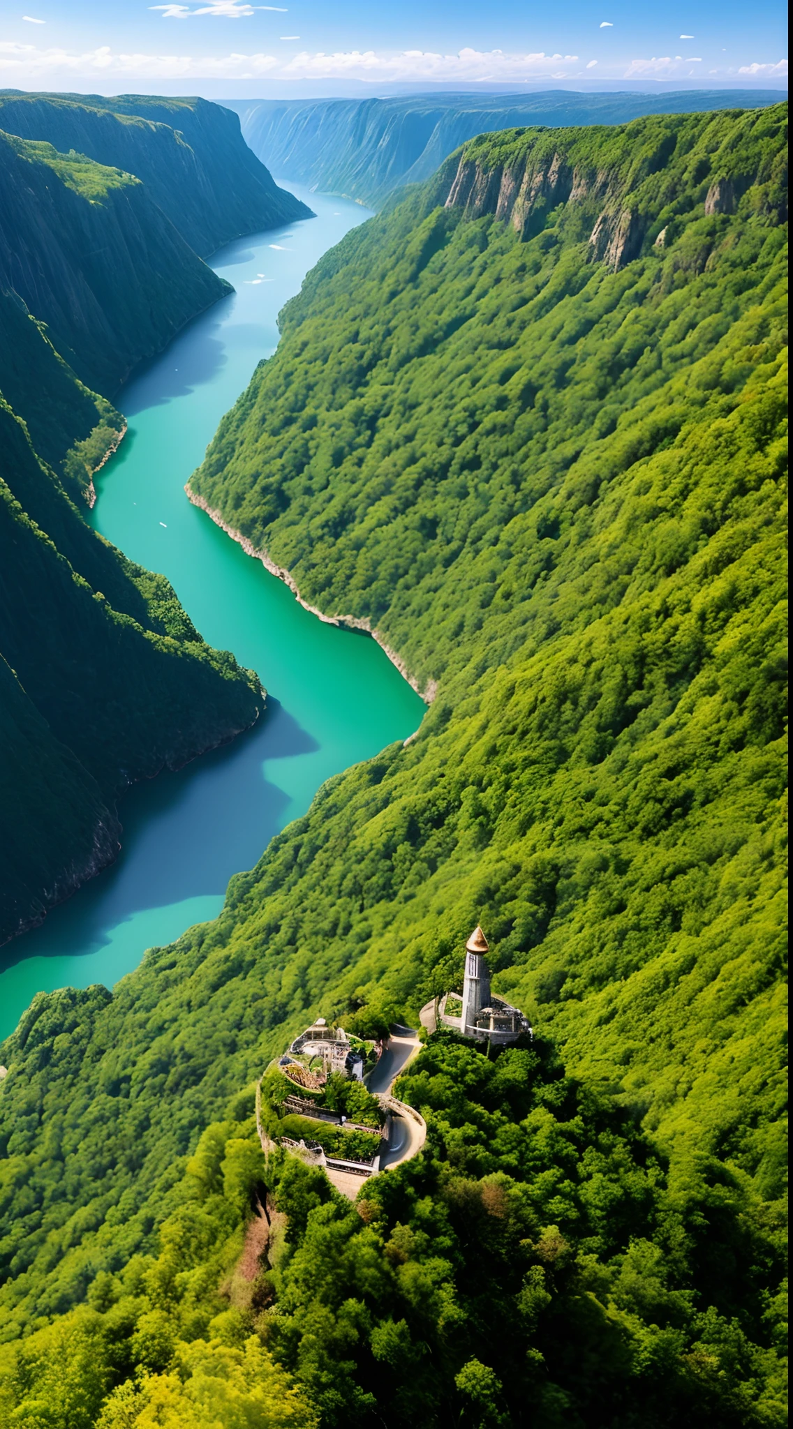 Masterpiece, ultimate quality, Cg unity 8k wallpaper, super delicate, beautiful sky and clouds, rich natural scenery, cliffs, lakes and rivers, waterfalls and flying water, beautiful green mountains, no trace of people, excellent scenery, has already won a photo contest, background Blurring, full depth of field, HDR high dynamics, true restoration, intricate, extreme details, dramatic presentation, perfectly presenting the style of midjourney art.