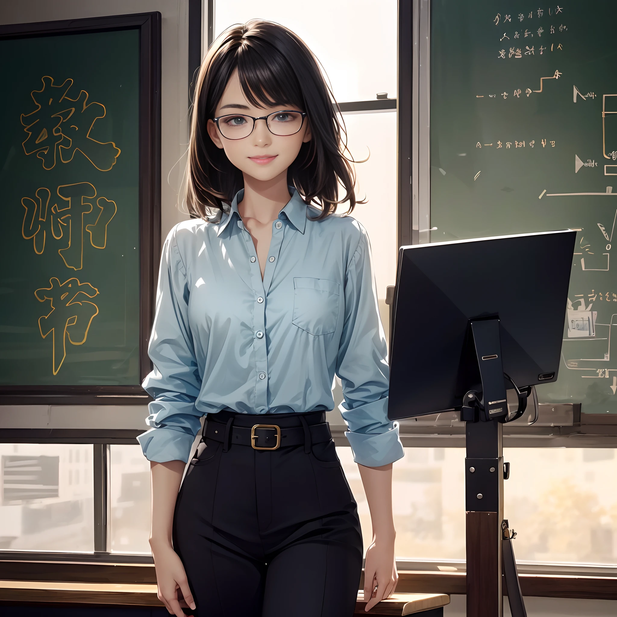 Close-up of painting style, ultra-high-definition 8K, masterpiece-level CG wallpaper, excellent light source, female teacher, wearing glasses, beautiful and exquisite face, brilliant eyes, wearing light blue print long-sleeved shirt, trouser belt, long trouser shape, holding a book, smiling, dignified posture, standing on the classroom podium, fashion illustration.
