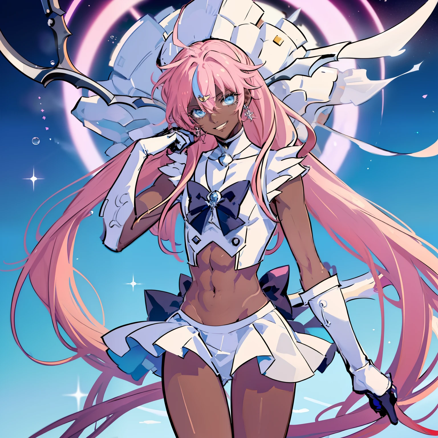 "Create a stunning artwork of a (( Beautiful,Man as hybrid of Sailor Moon with intricate details, vibrant colors, and dynamic poses, Smiling )), ((the Man has dark skin:1.4)) ,(( long white hair with Pink streaks ,)) and (( a Skimpy white and Pink Outfit with white shorts that shows his midriff)).incorporate elements of Sailor Moon's iconic outfit, such as the sailor collar and bow, while adding ((White Rock Shooter's unique style and attitude)), Carrying a Scythe,Show him in a powerful, Sexy and confident pose, Ensure the artwork is of the highest quality, with exquisite attention to detail and flawless execution.", sailor outfit