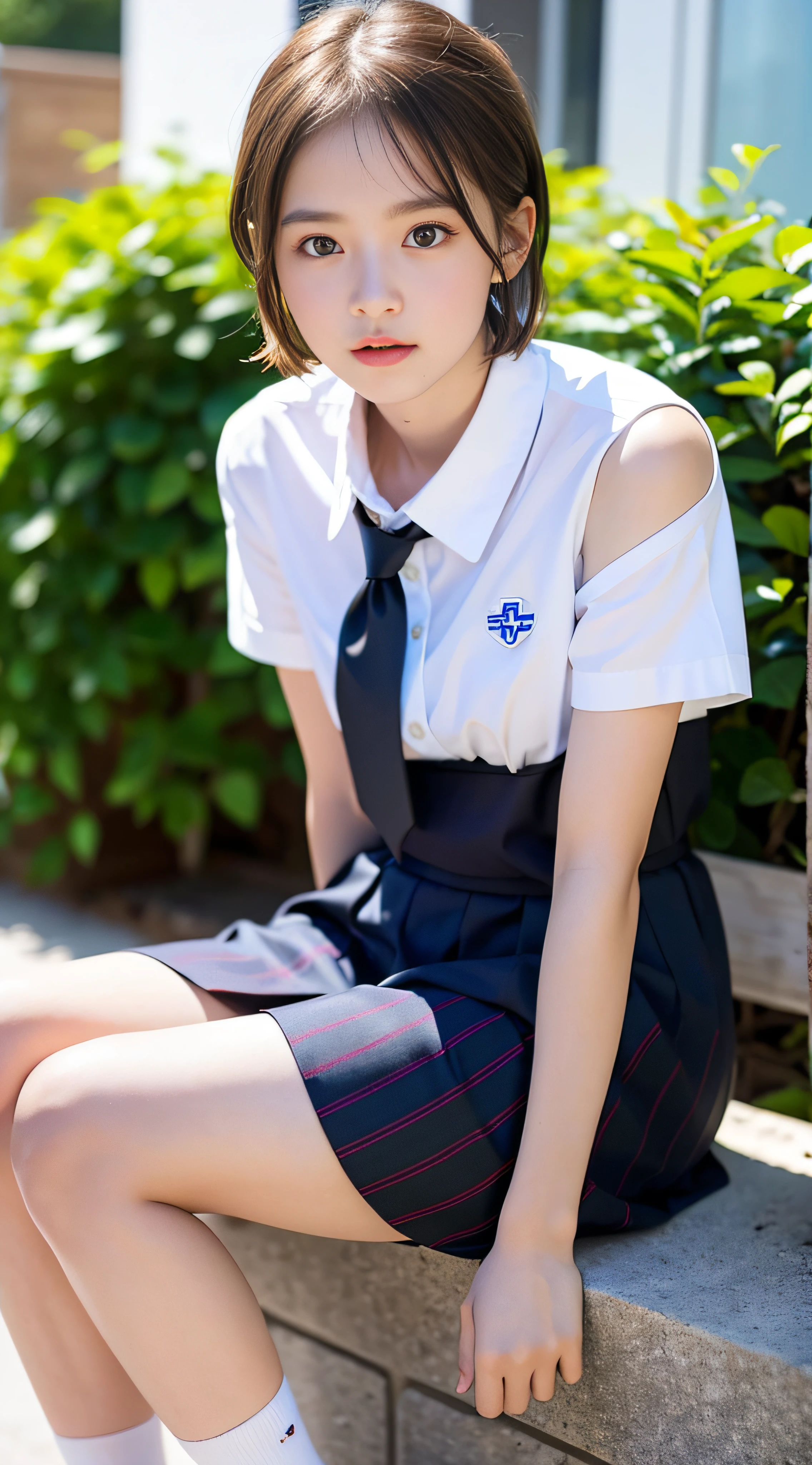 (Sillamäe:1.5), slender, masterpiece, top quality, raw photo, photorealistic, face, incredibly absurd, beautiful girl, cute,short messy hair, depth of field, high resolution, ultra detail, fine detail, highly detailed, highly detailed eyes and face, sharp pupils, realistic pupils, sharp focus, cinematic lighting,girl uniform, 11 yeasitting with legs bent at the knees, white panties visible through skirt, braless, loose big shirt, shoulders visible