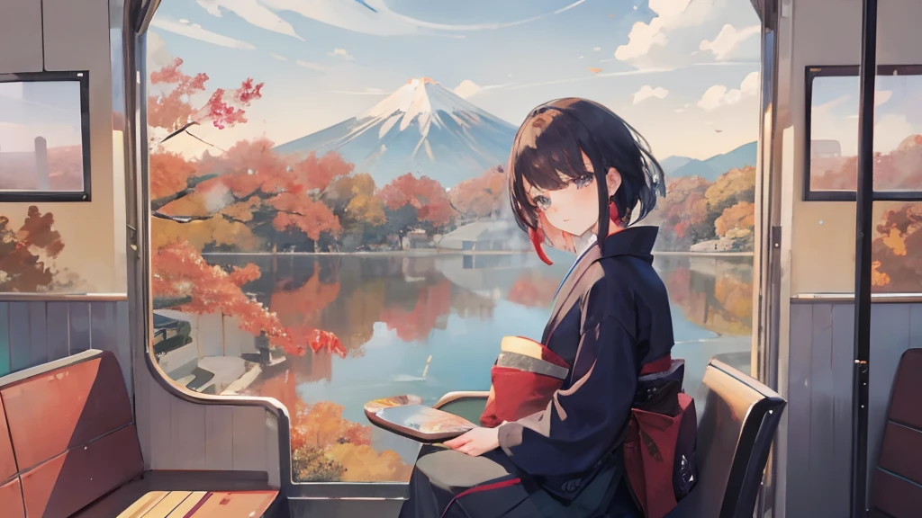 (masterpiece),Woman sitting on train seat and looking out,Woman on her left side,(Autumn scenery of Japan outside the train),Pretty view、View from the window,(Train windows:0.8,femele:0.2)