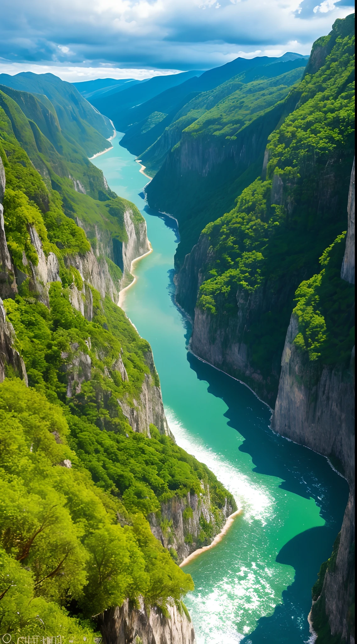 Masterpiece, ultimate quality, Cg unity 8k wallpaper, super delicate, beautiful sky and clouds, rich natural scenery, cliffs, lakes and rivers, waterfalls and flying water, beautiful green mountains, no trace of people, excellent scenery, has already won a photo contest, background Blurring, full depth of field, HDR high dynamics, true restoration, intricate, extreme details, dramatic presentation, perfectly presenting the style of midjourney art.