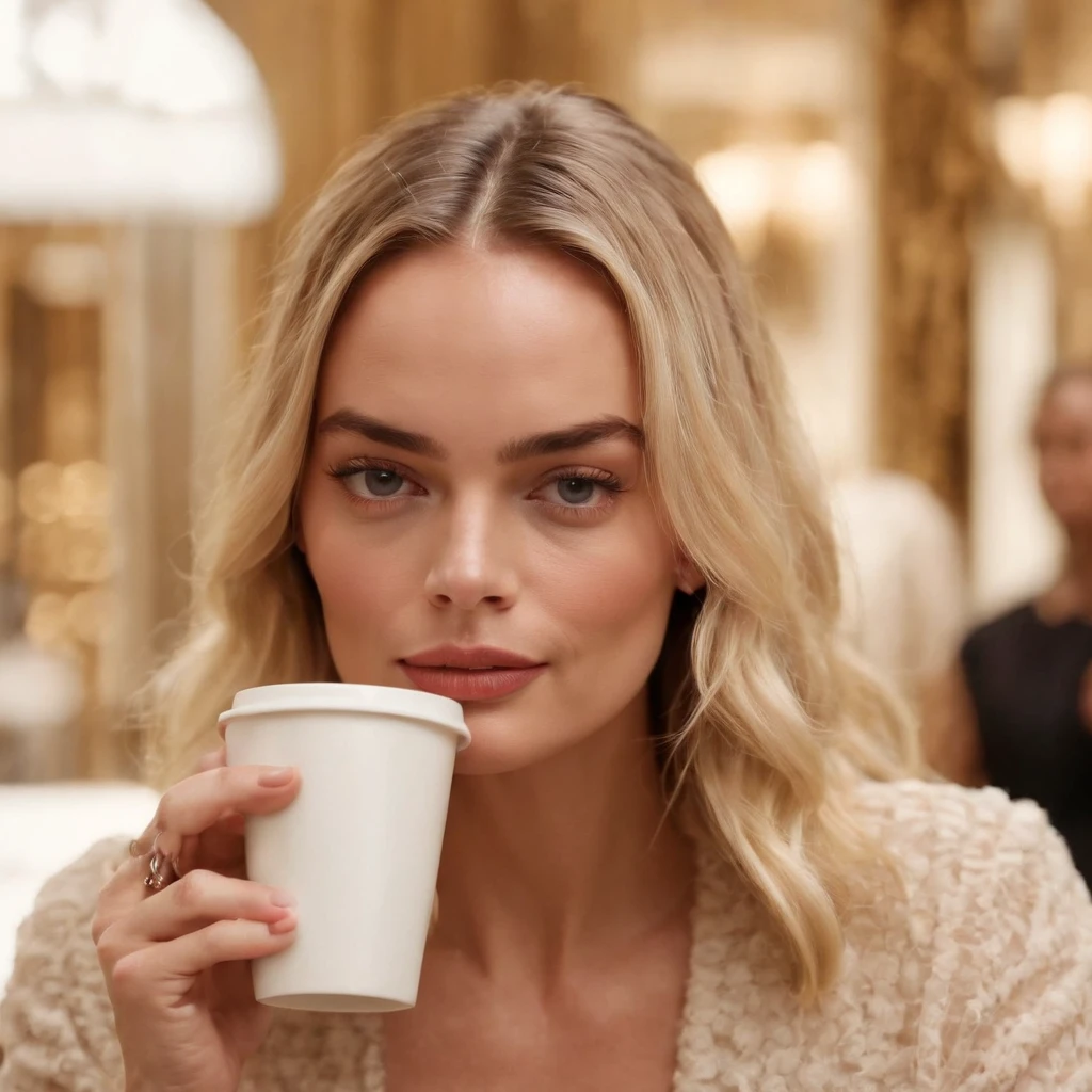 Margot robbie drinking coffee in a luxury shopping mall