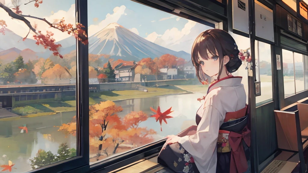(​masterpiece),Woman sitting on train seat and looking out,Woman on her left side,(Autumn scenery of Japan outside the train),Pretty view、View from the window,(Train windows:0.8,femele:0.2)