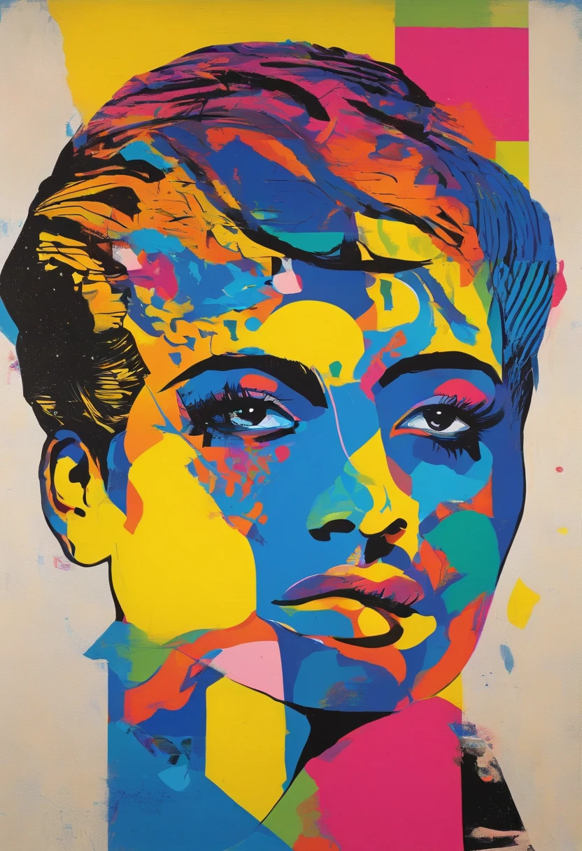 A painting of a face of a non-binary person in profile, com olhos grandes e barbas muito longas, sorridente e em tons de azul e amarelo; animification; movimento