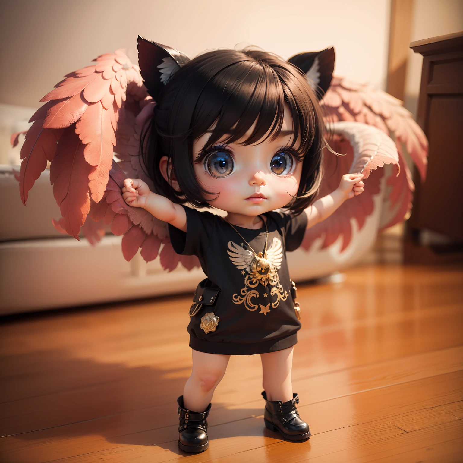Fleshy little，black color hair，Waving small hands，Sitting on a goose yellow carpet，The smile is innocent and cute，Super gentle，