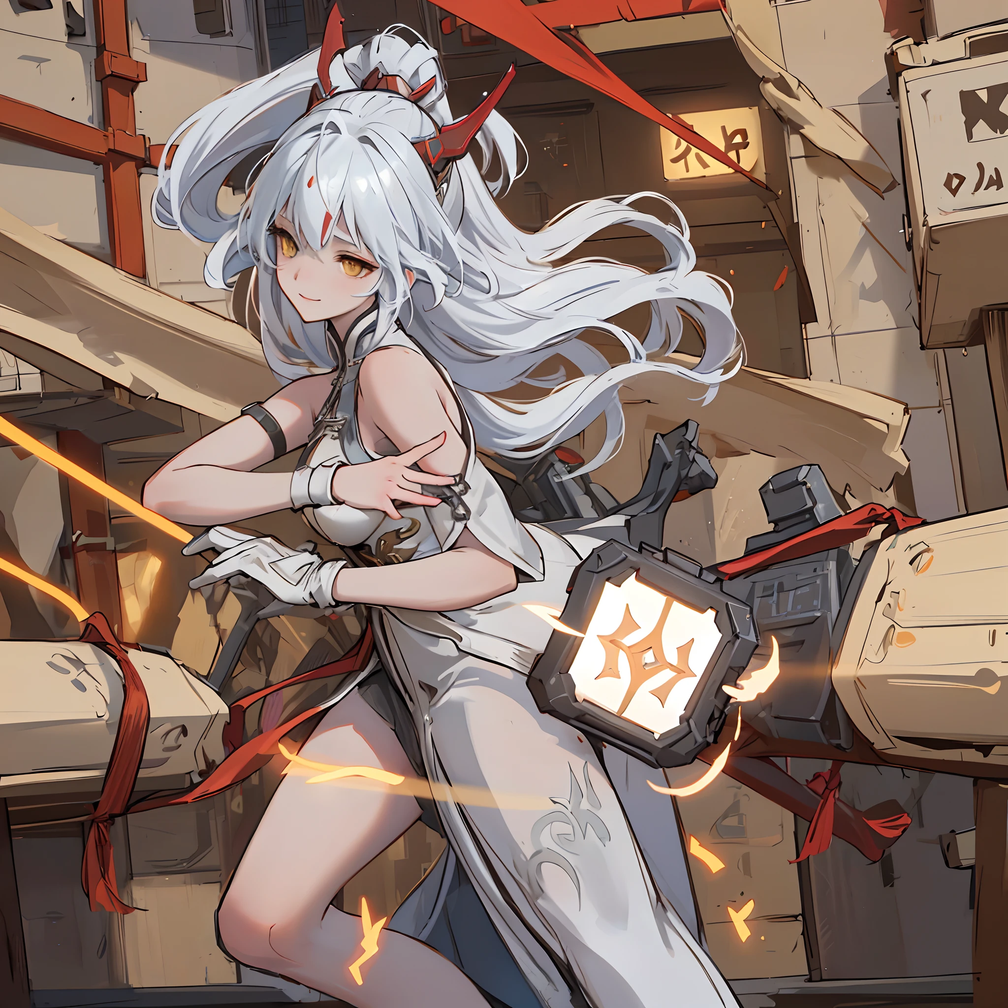 an alone girl with long red color slice gray hair and yellow eyes running in china city , night time, High detail mature face, 2 short mechanic horn on the head, bare leg, bare shoulder, white china dress, white glove, black boot, high res, ultra sharp, 8k, masterpiece, smiling, assault rifle on the girl side, fantasy world, magical radiance background ((Best quality)), ((masterpiece)), 3D, HDR (High Dynamic Range),Ray Tracing, NVIDIA RTX, Super-Resolution, Unreal 5,Subsurface scattering, PBR Texturing, Post-processing, Anisotropic Filtering, Depth-of-field, Maximum clarity and sharpness, Multi-layered textures, Albedo and Specular maps, Surface shading, Accurate simulation of light-material interaction, Perfect proportions, Octane Render, Two-tone lighting, Wide aperture, Low ISO, White balance, Rule of thirds,8K RAW, Aura, masterpiece, best quality, Mysterious expression, magical effects like sparkles or energy, flowing robes or enchanting attire, mechanic creatures or mystical background, rim lighting, side lighting, cinematic light, ultra high res, 8k uhd, film grain, best shadow, delicate, RAW, light particles, detailed skin texture, detailed cloth texture, beautiful face, (masterpiece), best quality, expressive eyes, perfect face,