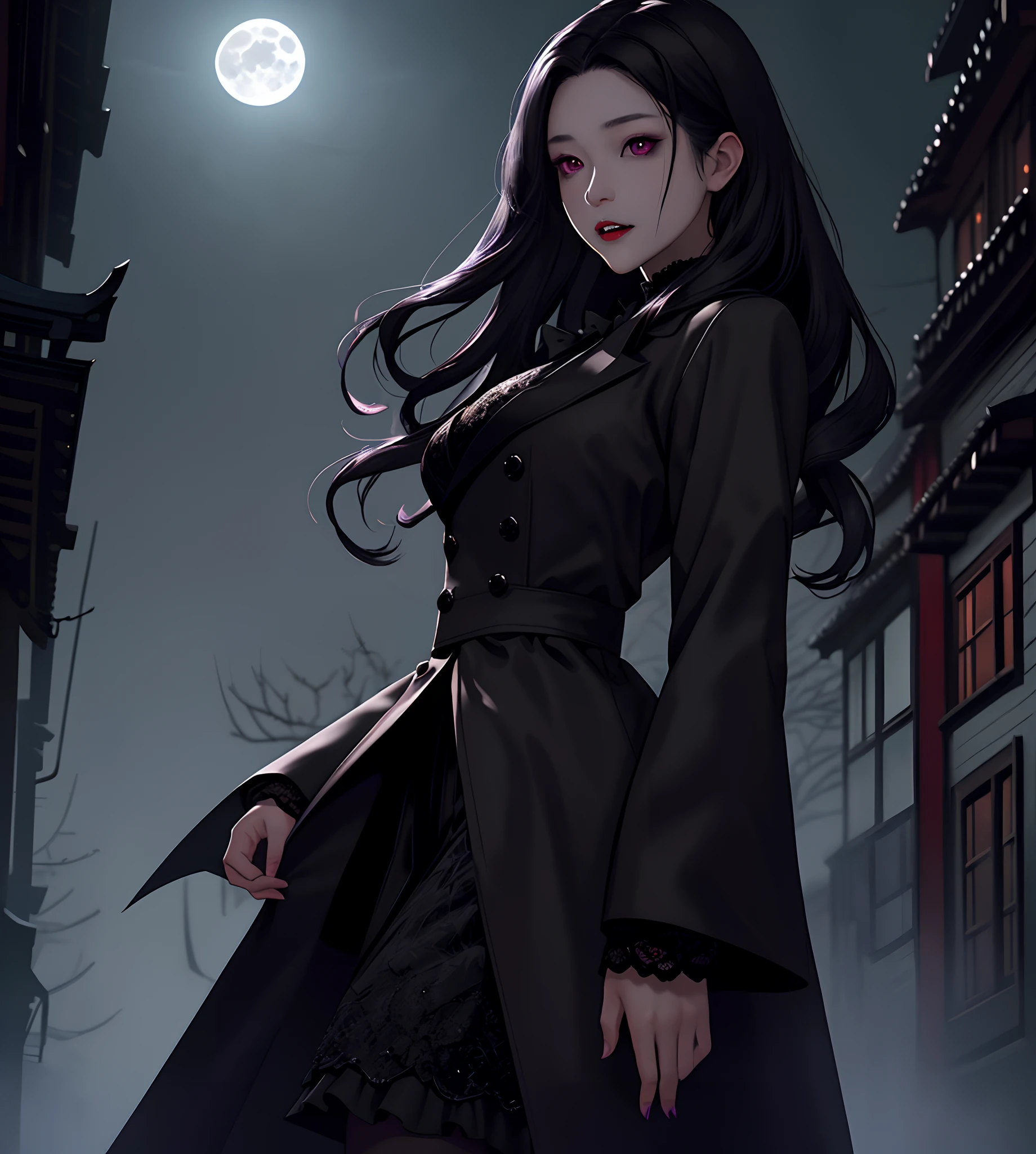 Horror theme element, realistic high quality masterpiece, (beautiful) Japanese female, age 27,vampire fangs,detailed face, violet eyes, wavy long black hair, walking down dark moonlit alley,clouded quarter moon in sky in background, moonlit,with fog and shadows, spooky,nightime,cinematic lighting,dressed conservatively, wearing a deep purple lace top & double breasted coat black (buttoned up) closed coat black, medium length black skirt black., fix hands, detailed lips