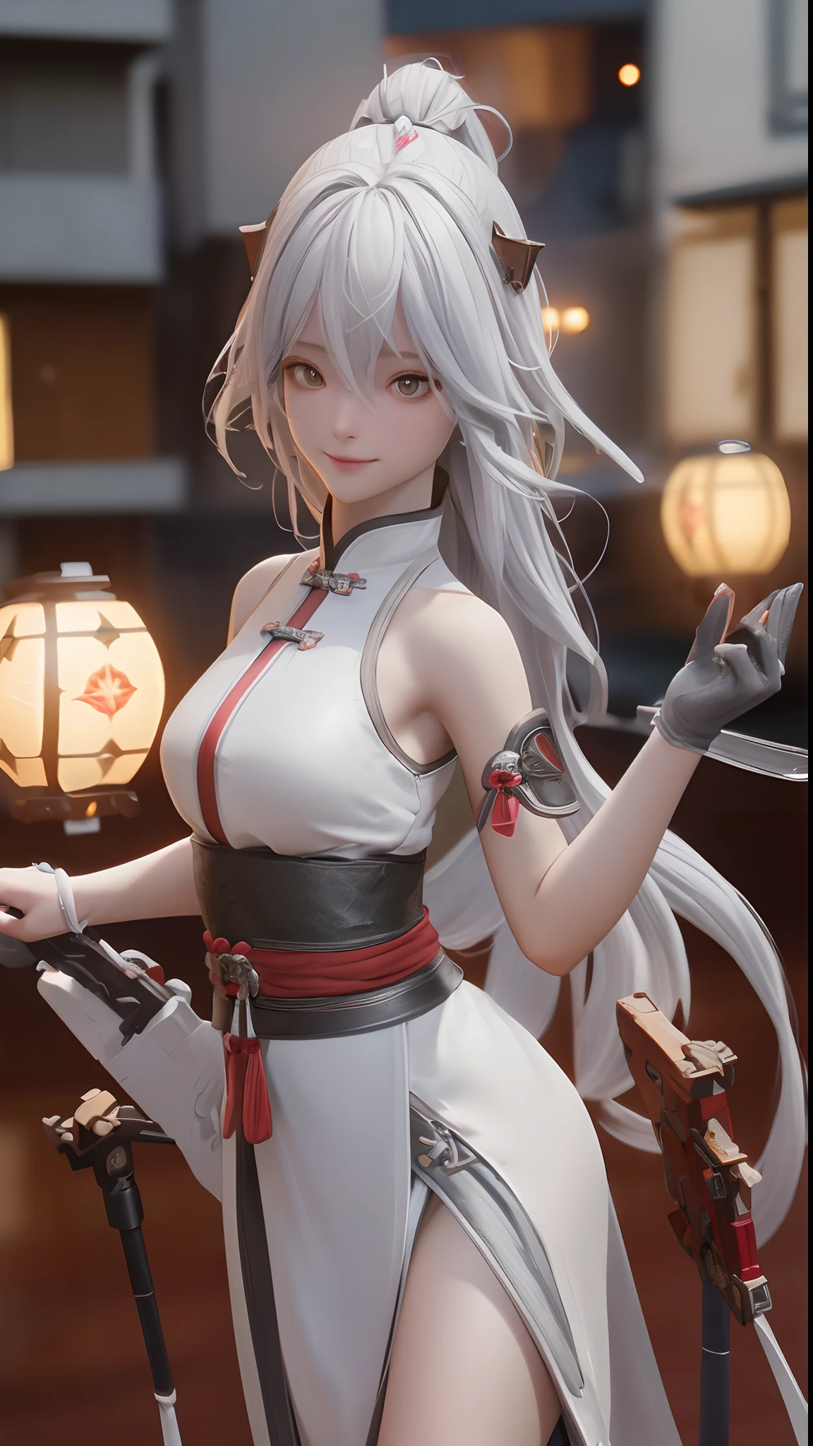 an alone girl with long red color slice gray hair and yellow eyes running in china city , night time, High detail mature face, 2 short mechanic horn on the head, bare leg, bare shoulder, white china dress, white glove, black boot, high res, ultra sharp, 8k, masterpiece, smiling, assault rifle on the girl side, fantasy world, magical radiance background ((Best quality)), ((masterpiece)), 3D, HDR (High Dynamic Range),Ray Tracing, NVIDIA RTX, Super-Resolution, Unreal 5,Subsurface scattering, PBR Texturing, Post-processing, Anisotropic Filtering, Depth-of-field, Maximum clarity and sharpness, Multi-layered textures, Albedo and Specular maps, Surface shading, Accurate simulation of light-material interaction, Perfect proportions, Octane Render, Two-tone lighting, Wide aperture, Low ISO, White balance, Rule of thirds,8K RAW, Aura, masterpiece, best quality, Mysterious expression, magical effects like sparkles or energy, flowing robes or enchanting attire, mechanic creatures or mystical background, rim lighting, side lighting, cinematic light, ultra high res, 8k uhd, film grain, best shadow, delicate, RAW, light particles, detailed skin texture, detailed cloth texture, beautiful face, (masterpiece), best quality, expressive eyes, perfect face,