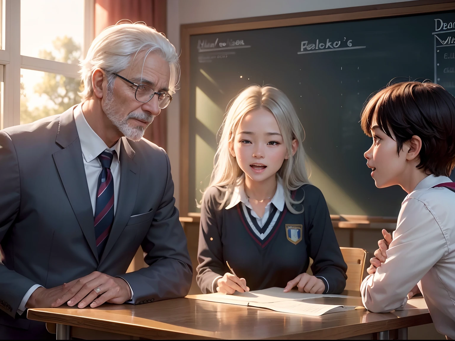 In bright classrooms,(An older male teacher discusses issues with two wearing school uniforms:1.5),Two schoolchildren quarrel witr,The teacher's face is full of the vicissitudes of time,Full of silver hair,Watch your classmates laugh happily,The blackboard behind him was full of formulas,Sunlight shines through the window on the teacher's face,((Best quality, A high resolution, Masterpiece:1.2)), Clear facial features, Optimized details,8K,cinematic Film still from.