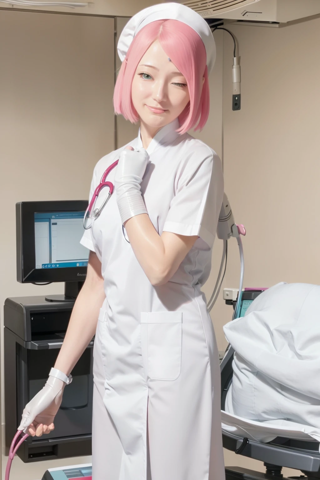 Sakura uchiha. A woman doctor was standing in the operating room. He looked like he was wearing a white doctor's uniform. Full white glove. And a stethoscope on his shoulder. She had short pink hair. Straight up. Unraveling. No strings attached. He also had a white as snow. With her rosy cheeks. And those little red lips. He seemed to smile gently. Look at the camera. She looks so beautiful and realistic