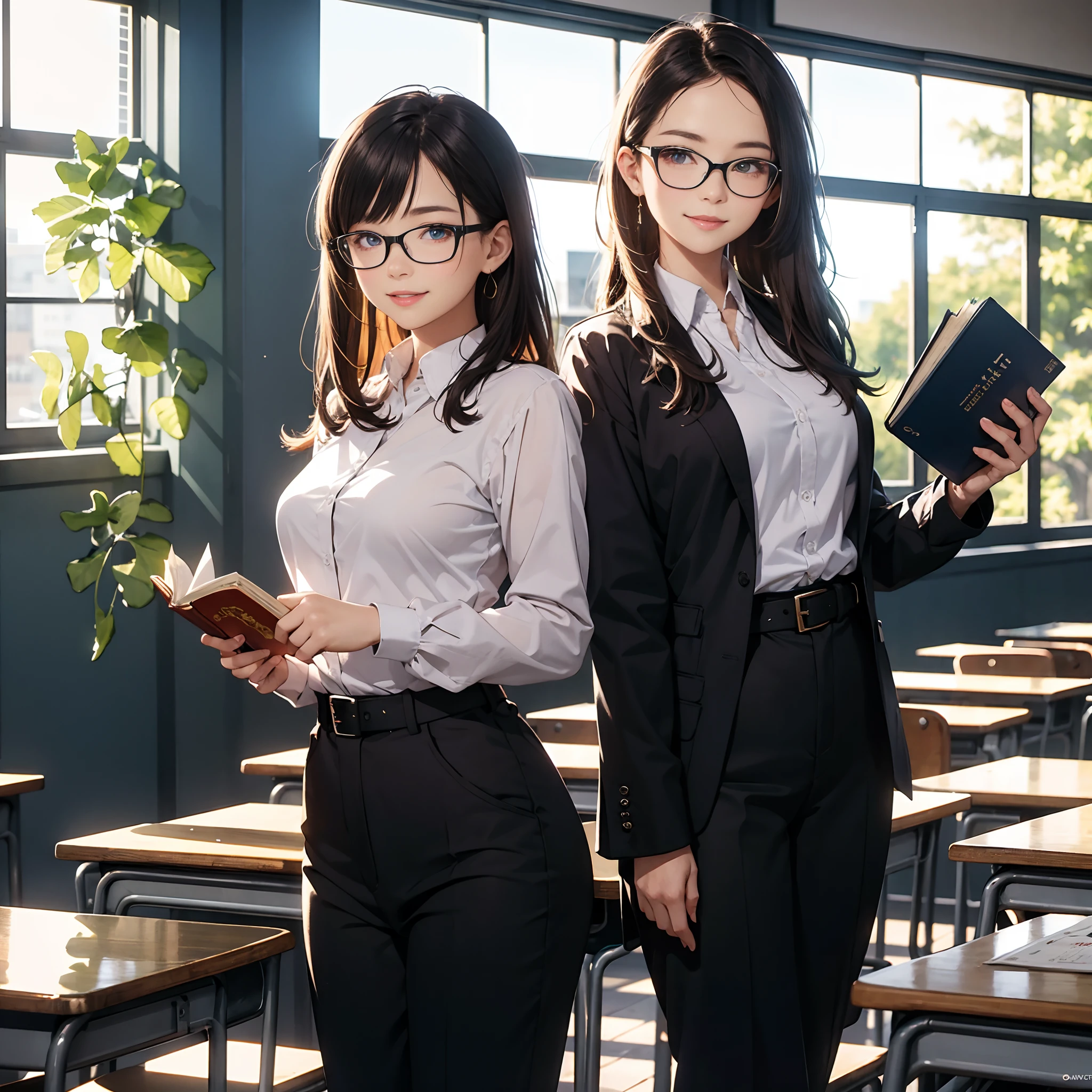 Close-up of painting style, ultra-high-definition 8K, masterpiece-level CG wallpaper, excellent light source, female teacher, wearing glasses, beautiful and exquisite face, brilliant eyes, wearing light blue print long-sleeved shirt, trouser belt, long trouser shape, holding a book, smiling, dignified posture, standing on the classroom podium, fashion illustration.