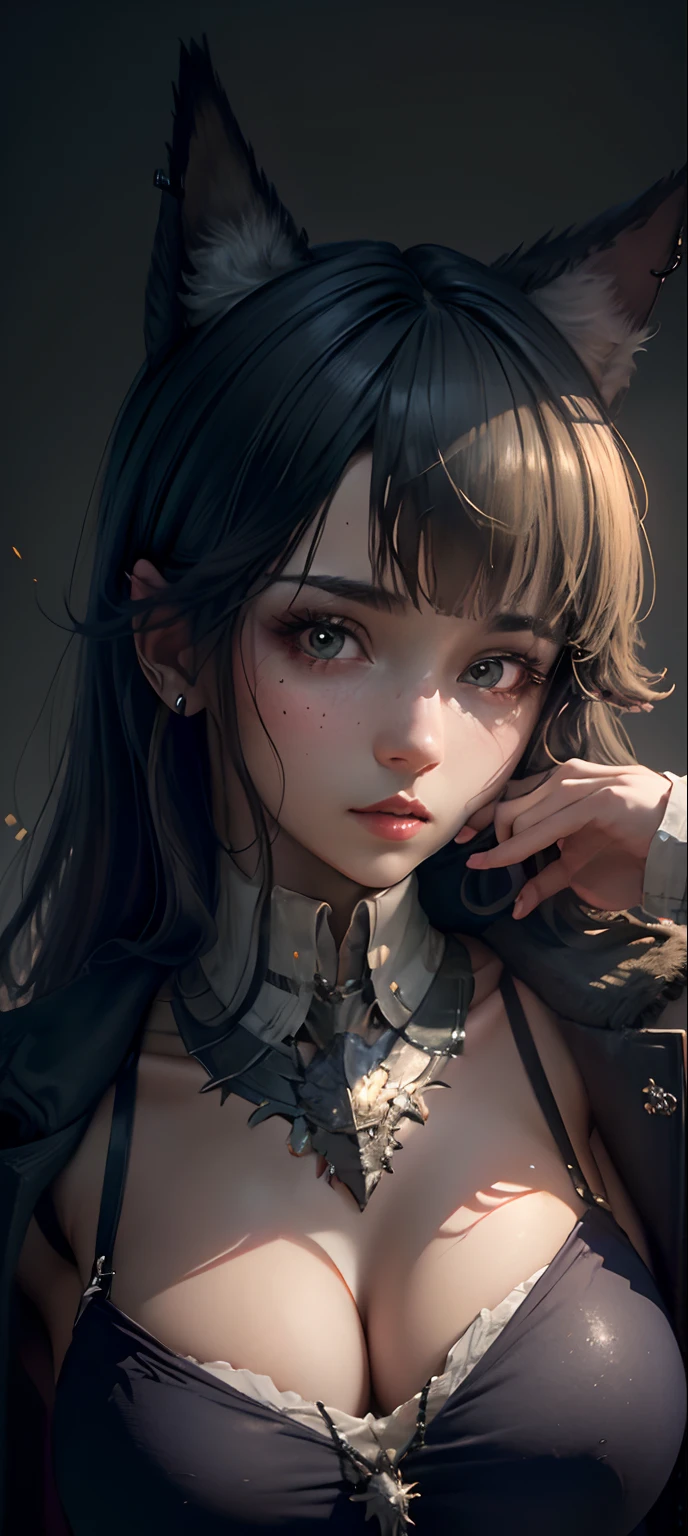 1girll, Animal_hor ears, Gradient, Gradient_Background, Green_Background, Looking_at_peeping at the viewer, Large breasts_cleavage, JM soloist