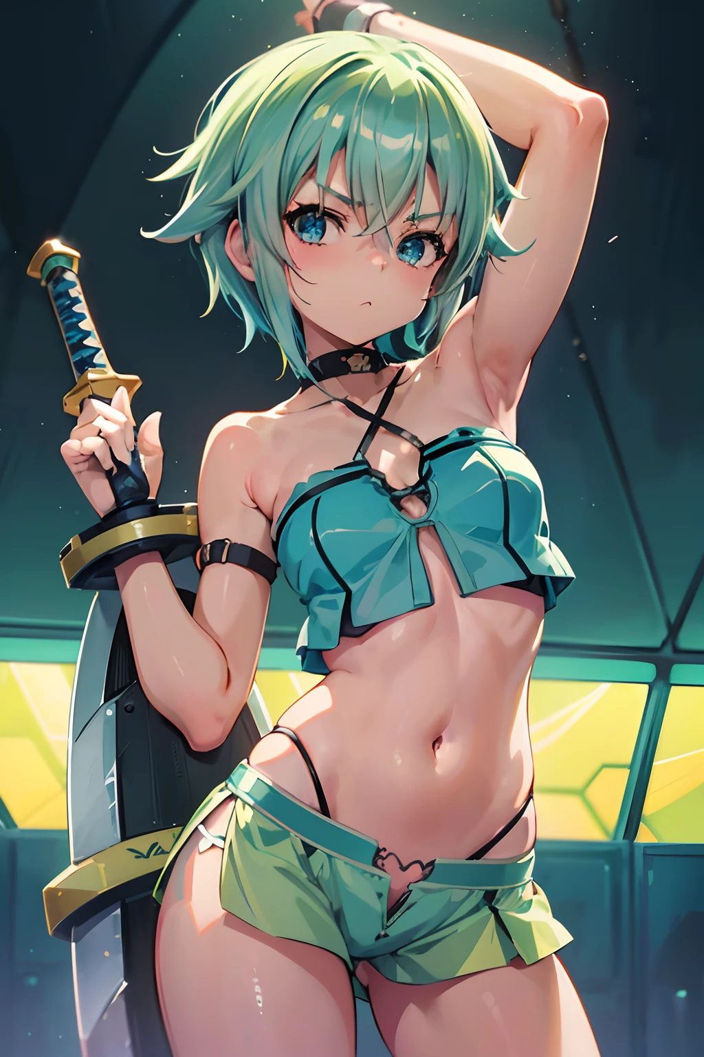 A captivating cute gorgeous succulent petite teasing teen anime girl with blue mint short hair, standing, from below pov, a stunning succulent anime girl teen with a strapless crop top and thong, armpits, cute breasts, badass anime 8k, detailed open navel focus, flaring chest, (sinon_sao), (sword art online)