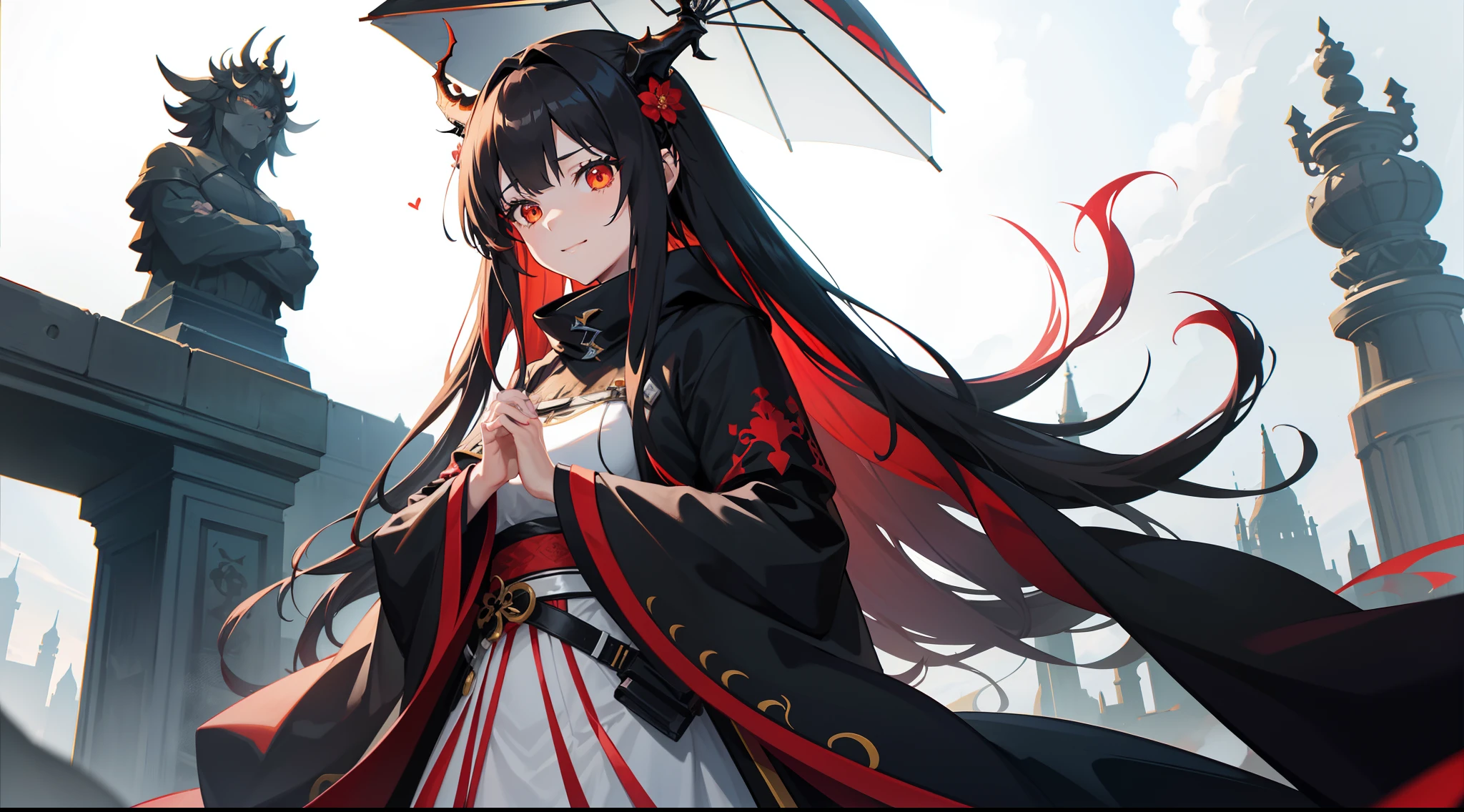 Beautiful and tall anime girl,Worn-out cloak,Long hair in black and white,Red picks and dyes the ends of the hair,Red hair cord,Half-open eyes tilted and smiled,Crossed black dragon horns,Black flower arms,Black and delicate costume,Holding an umbrella with a black and gold pattern in one hand,Touch your face with one hand,arknights, Fine details