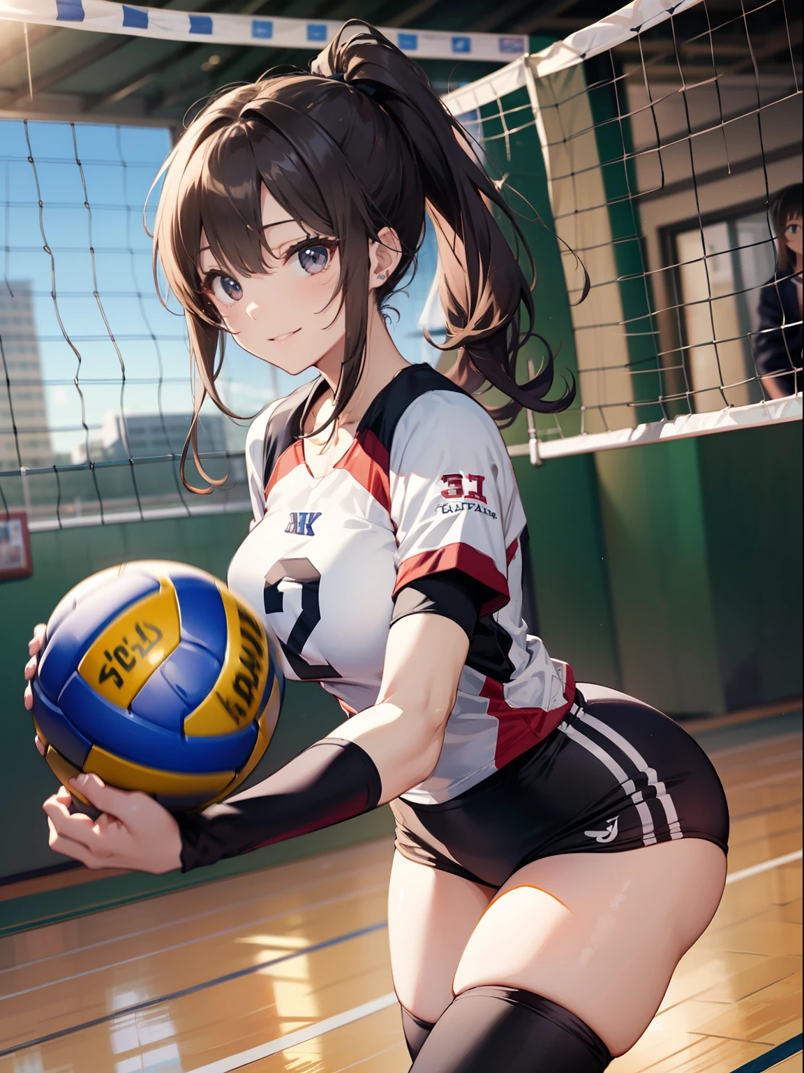 (top-quality、in 8K、32K、​masterpiece、nffsw、超A high resolution、Impresionismo、Photorealsitic:1.2)、from behind、Looking back、Full body, Inside the gymnasium、Volleyball Court、beauitful face、blurry backround、16-year-old beautiful girl、shinny skin、bob cuts、Beautiful black hair、Red Eyes、Hachimaki、Volleyball Uniforms、raise arms、Smile with open mouth、Curve、