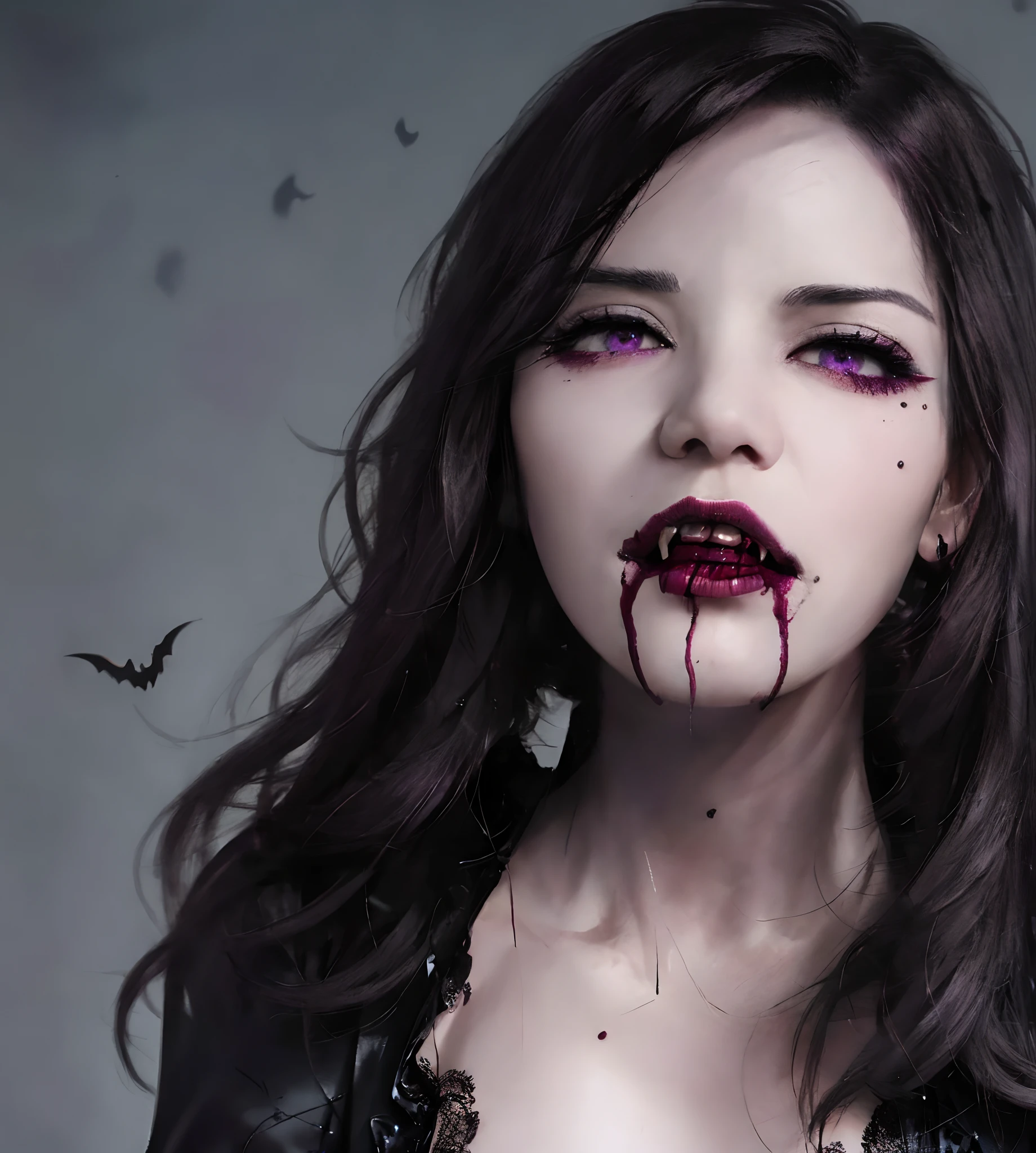 Horror theme element, realistic high quality masterpiece, (beautiful) Japanese female, age 27,vampire fangs,detailed face, violet eyes, wavy long black hair, walking down dark moonlit alley,clouded quarter moon in sky in background, moonlit,with fog and shadows, spooky,nightime,cinematic lighting,dressed conservatively, wearing a deep purple lace top & double breasted coat black (buttoned up) closed coat black, medium length black skirt black., fix hands, detailed lips