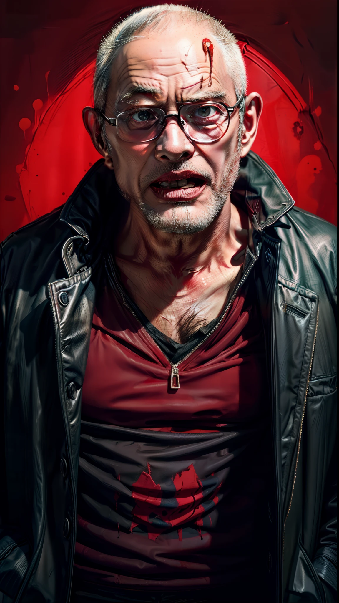 art horror by apterus. torn clothes with patterns, a old man screaming wearing glasses, against the background of a round red glow. apterus creepy anatomy