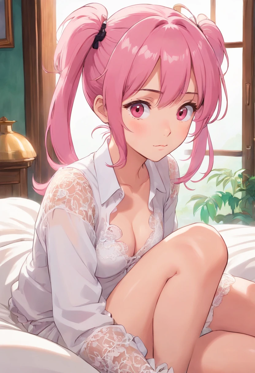 Girl with pink hair double ponytail,Lace lingerie peeks through the white shirt