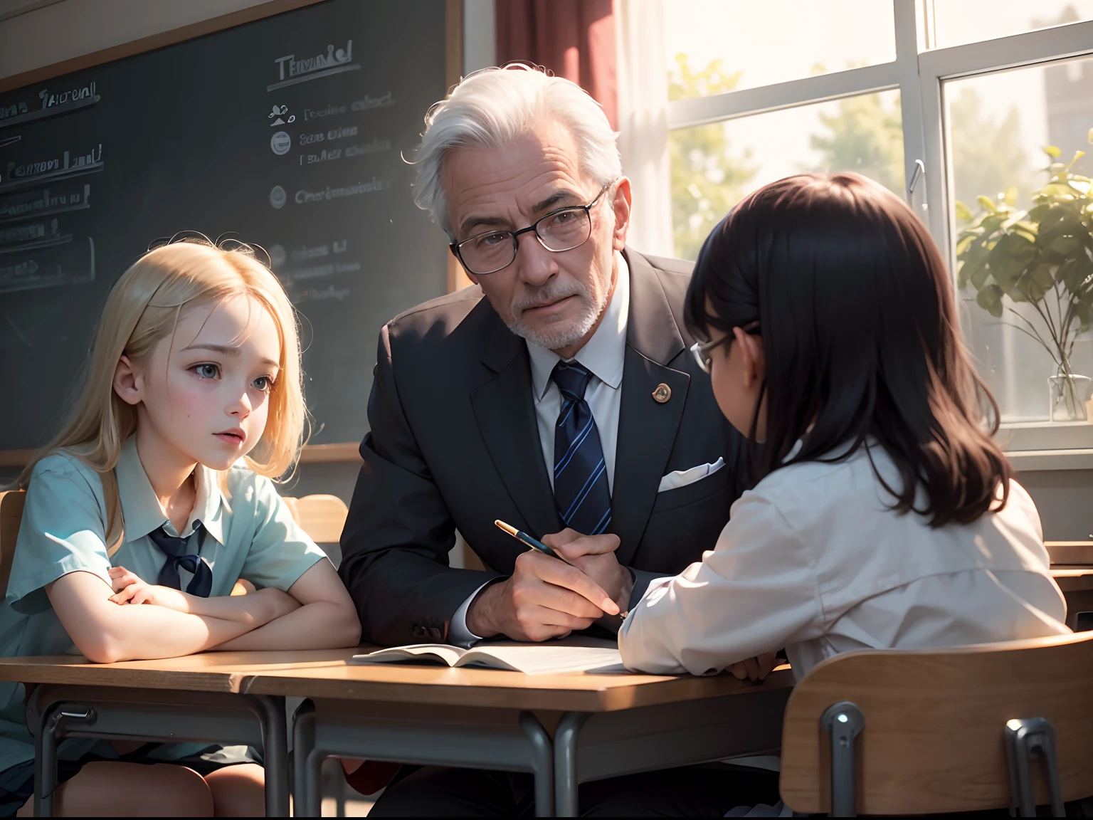 In bright classrooms,(An older male teacher discusses issues with two elementary school students in school uniforms:1.5),Two schoolchildren quarrel with each other,The teacher's face is full of the vicissitudes of time,Full of silver hair,Watch your classmates smile toothyly,The blackboard behind him was full of formulas,Sunlight shines through the window on the teacher's face,((Best quality, A high resolution, Masterpiece:1.2)), Clear facial features, Optimized details,8K,cinematic Film still from.