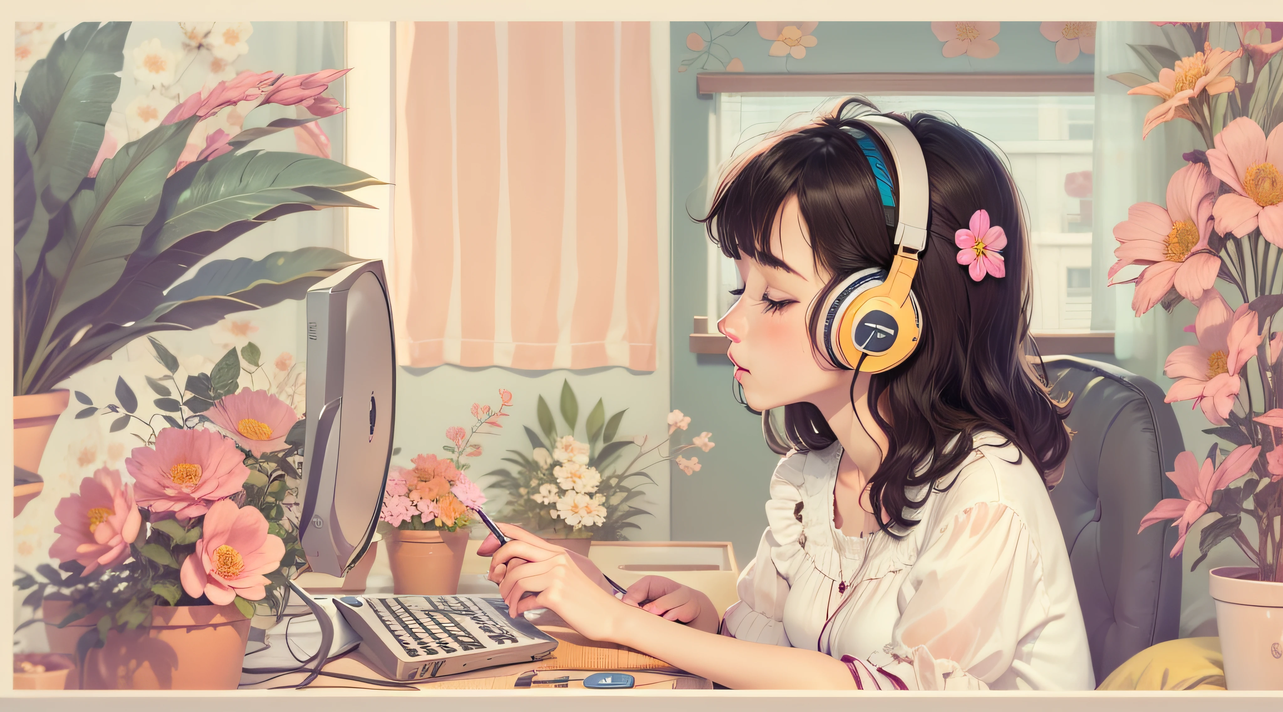 olhando para o cumputador, Woman in romantic vibes, fone de ouvido, quarto, flores, lofi , sentada estudando e olhando para o computador, fone de ouvido, flores