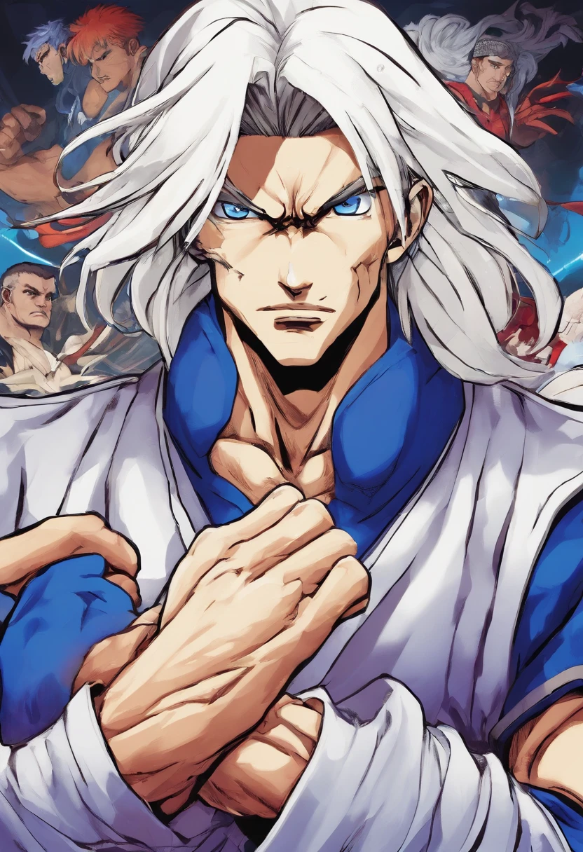 Story of a adult man with short white hair and blue eyes