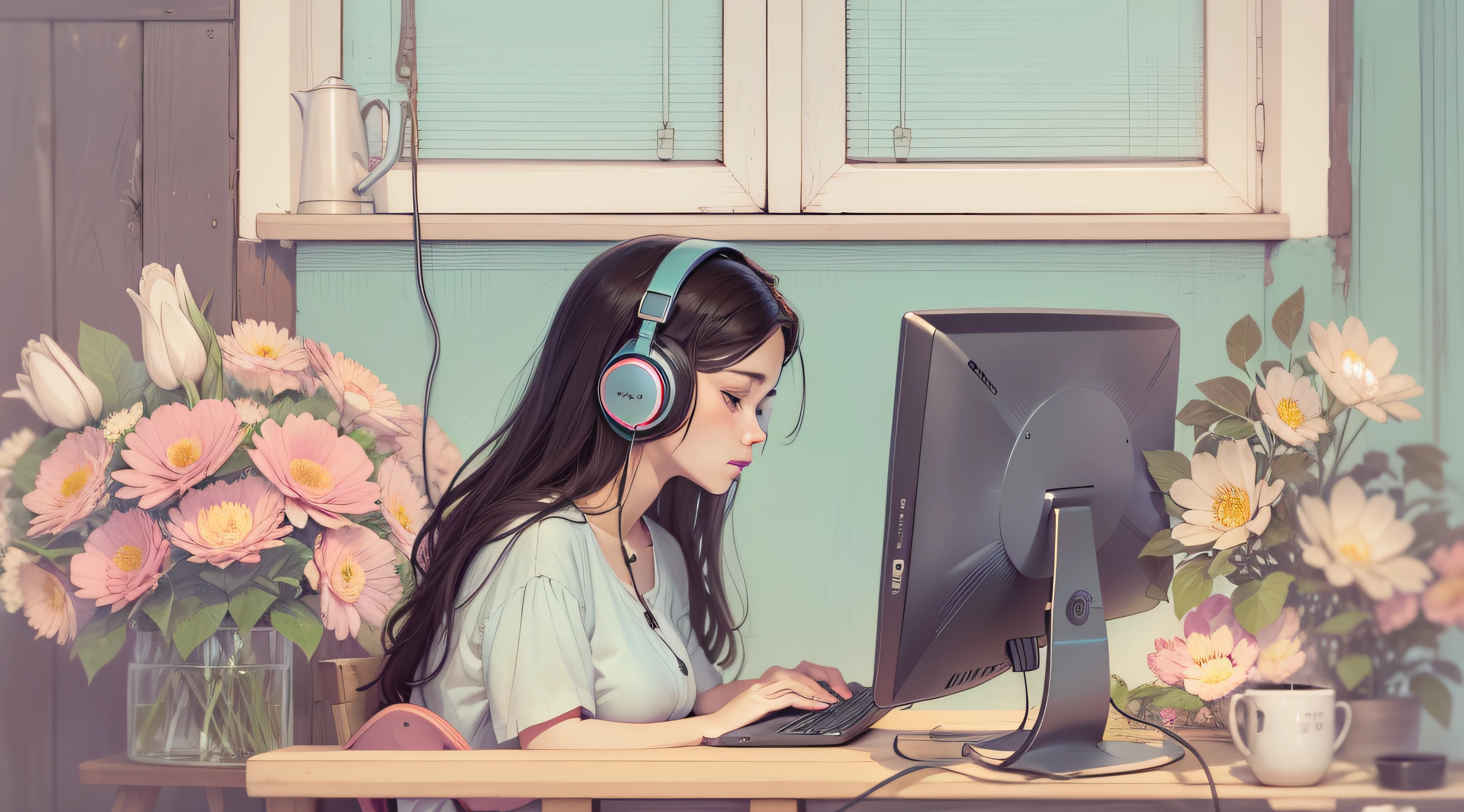 olhando para o cumputador, Woman in romantic vibes, fone de ouvido, quarto, flores, lofi , sentada estudando e olhando para o computador, fone de ouvido, flores