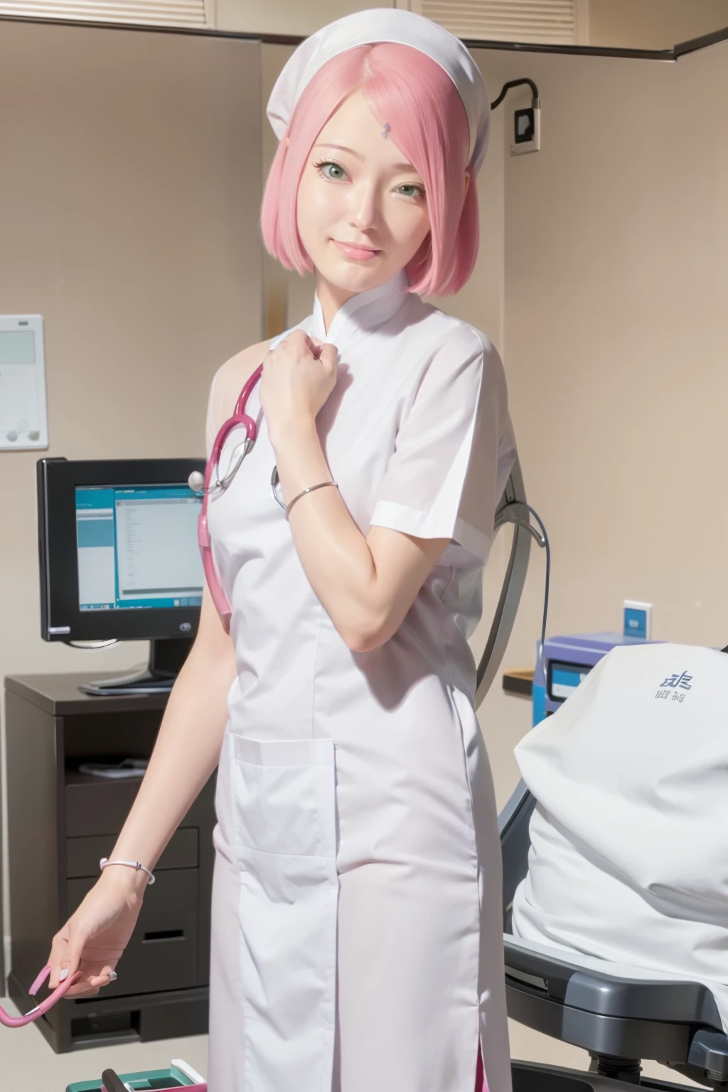 Sakura uchiha. A woman doctor was standing in the operating room. He looked like he was wearing a white doctor's uniform. Full white glove. And a stethoscope on his shoulder. She had short pink hair. Straight up. Unraveling. No strings attached. He also had a white as snow. With her rosy cheeks. And those little red lips. He seemed to smile gently. Look at the camera. She looks so beautiful and realistic