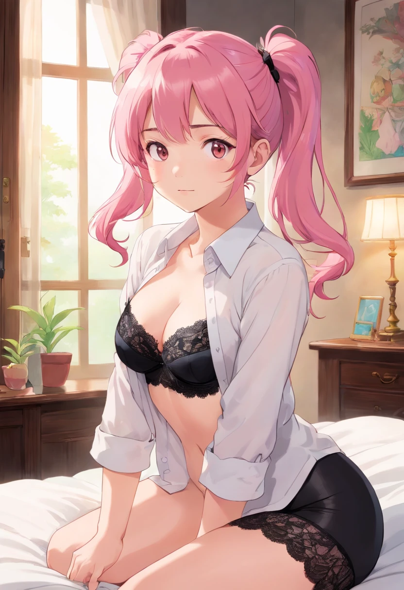 Girl with pink hair double ponytail,Black lace lingerie peeks through a white shirt