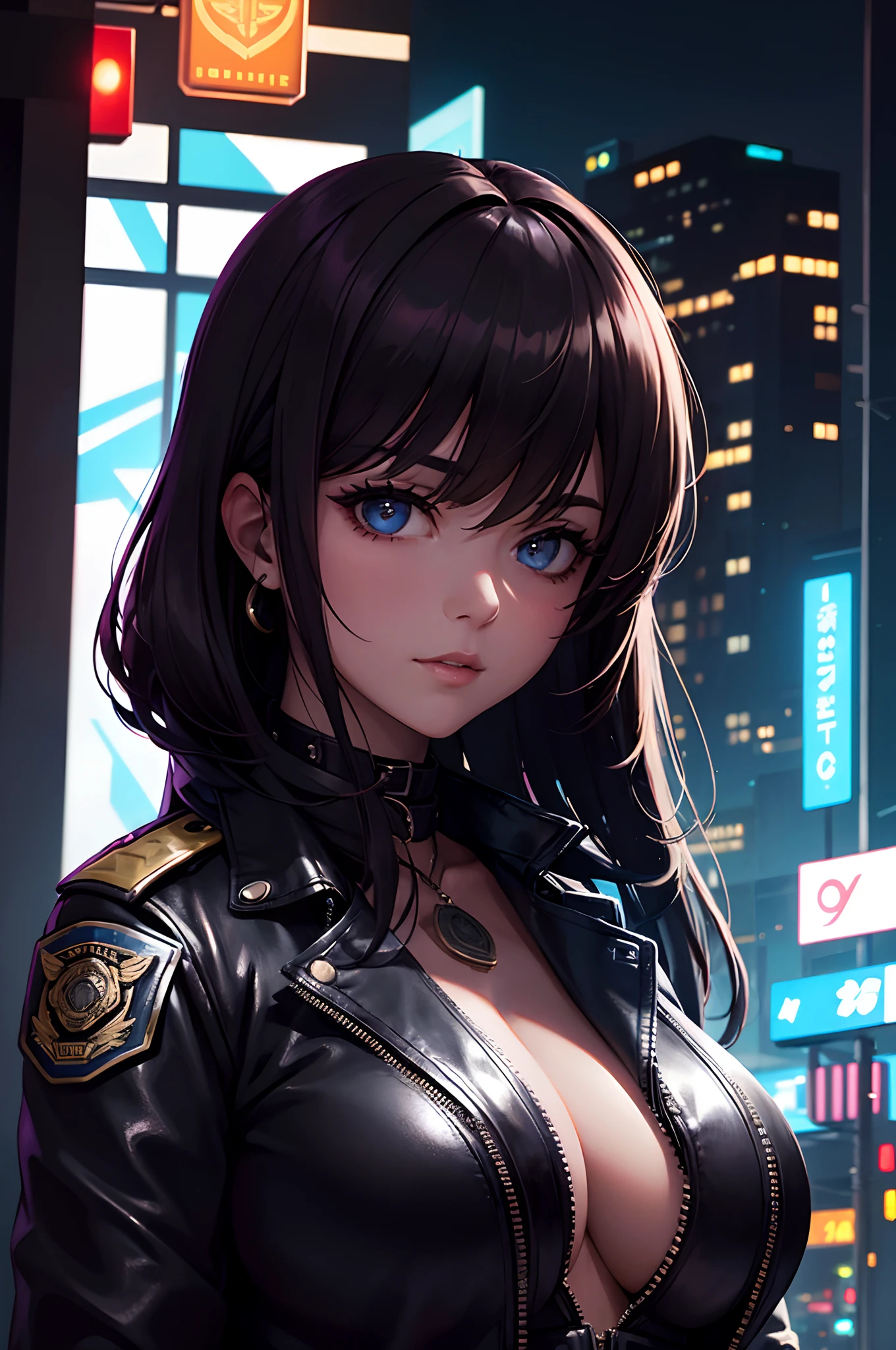 Portrait of Embhuhaiz, Beautiful face, in cyberpunk city at night. She wears a leather open jacket,lingerie, Black jeans, Dramatic Lighting, (police badge:1.2).