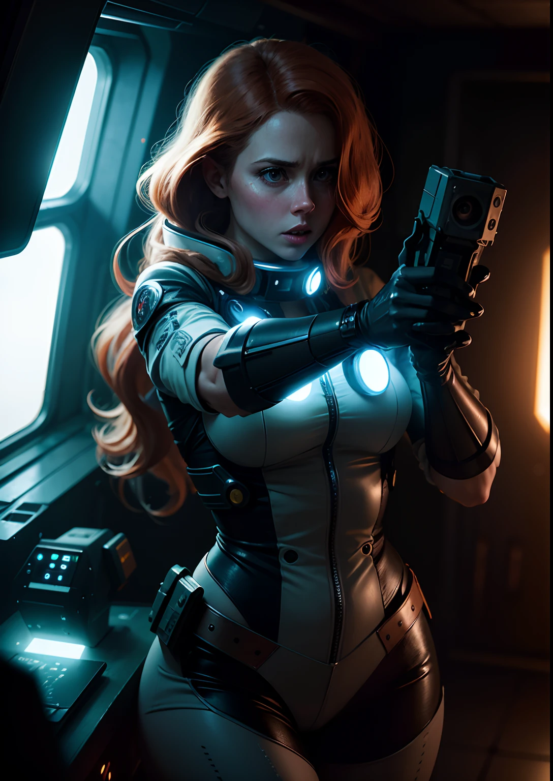 Hot terrified Sci fi Amy Adams holding a sci fi weapon on Ishimura Horror Space Ship photography, natural light, photorealism, cinematic rendering, ray tracing, the highest quality, the highest detail, Cinematic, Third-Person View, Blur Effect, Long Exposure, 8K, Ultra-HD, Natural Lighting, Moody Lighting, Cinematic Lighting