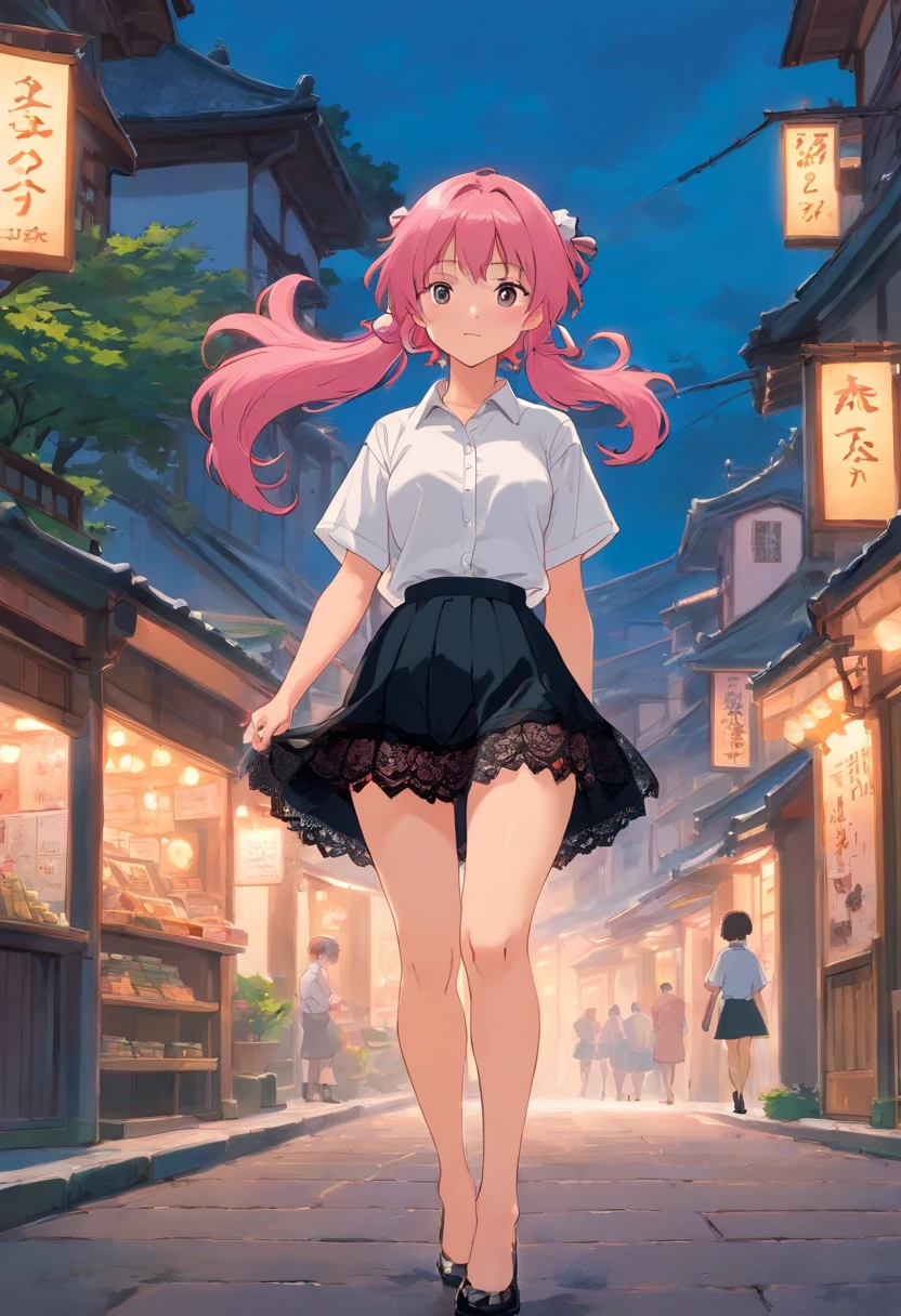 Girl with pink hair double ponytail,Black lace lingerie peeks through a white shirt,pleatedskirt,taking a walk